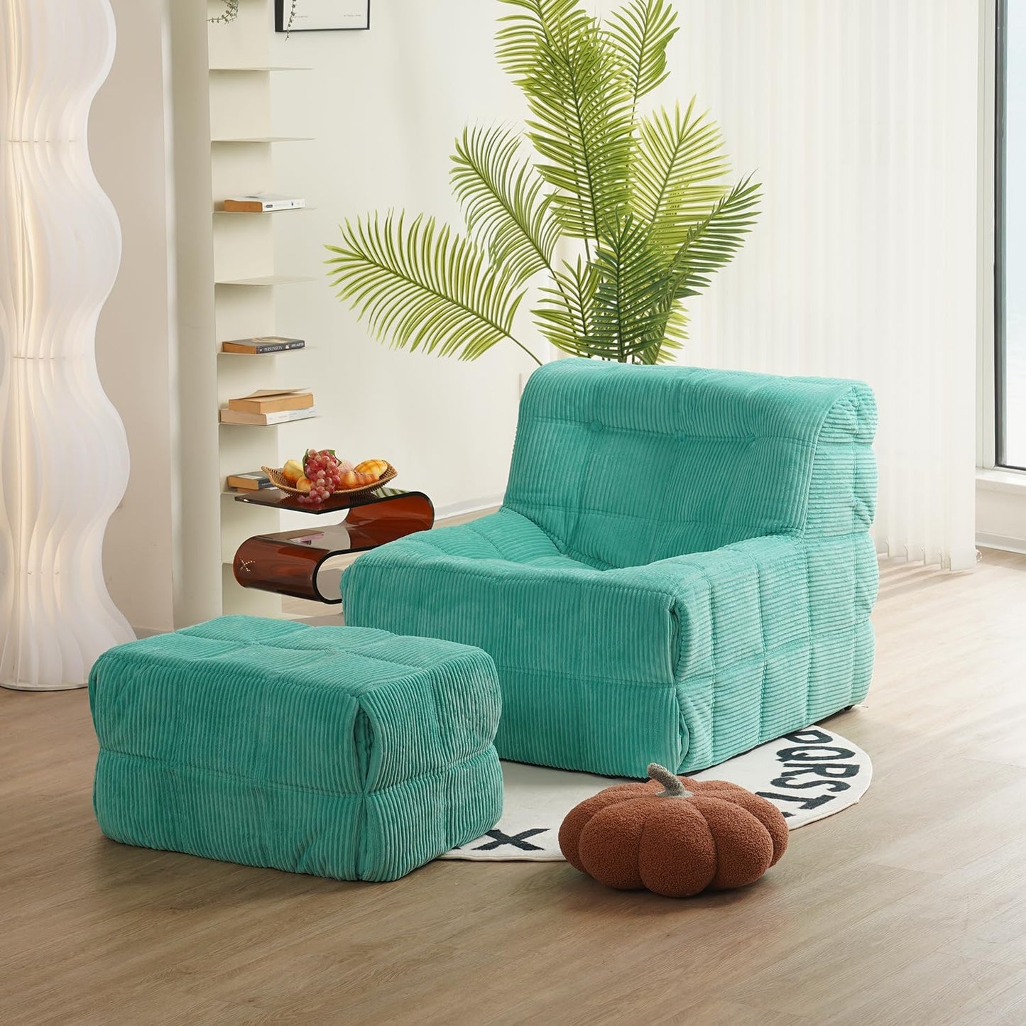 N&V CUBICUS Armless Floor Sofa, All New Hybrid Foam Design, with Matching Ottoman (CUBICUS, Jade)