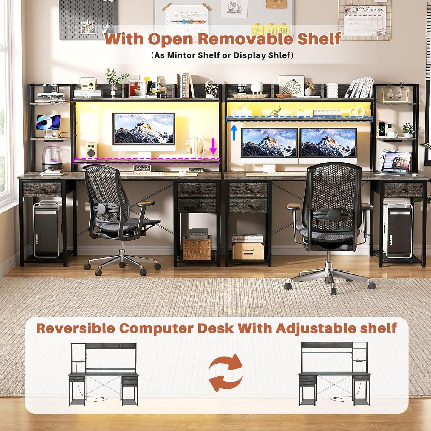 Aheaplus Gaming Desk With LED, Outlets, and Hutch - 55.2'' Computer Workstation With Drawers, Reversible Office Desk With Storage Bookshelf and Shelf - Large Home Desk, Black Oak