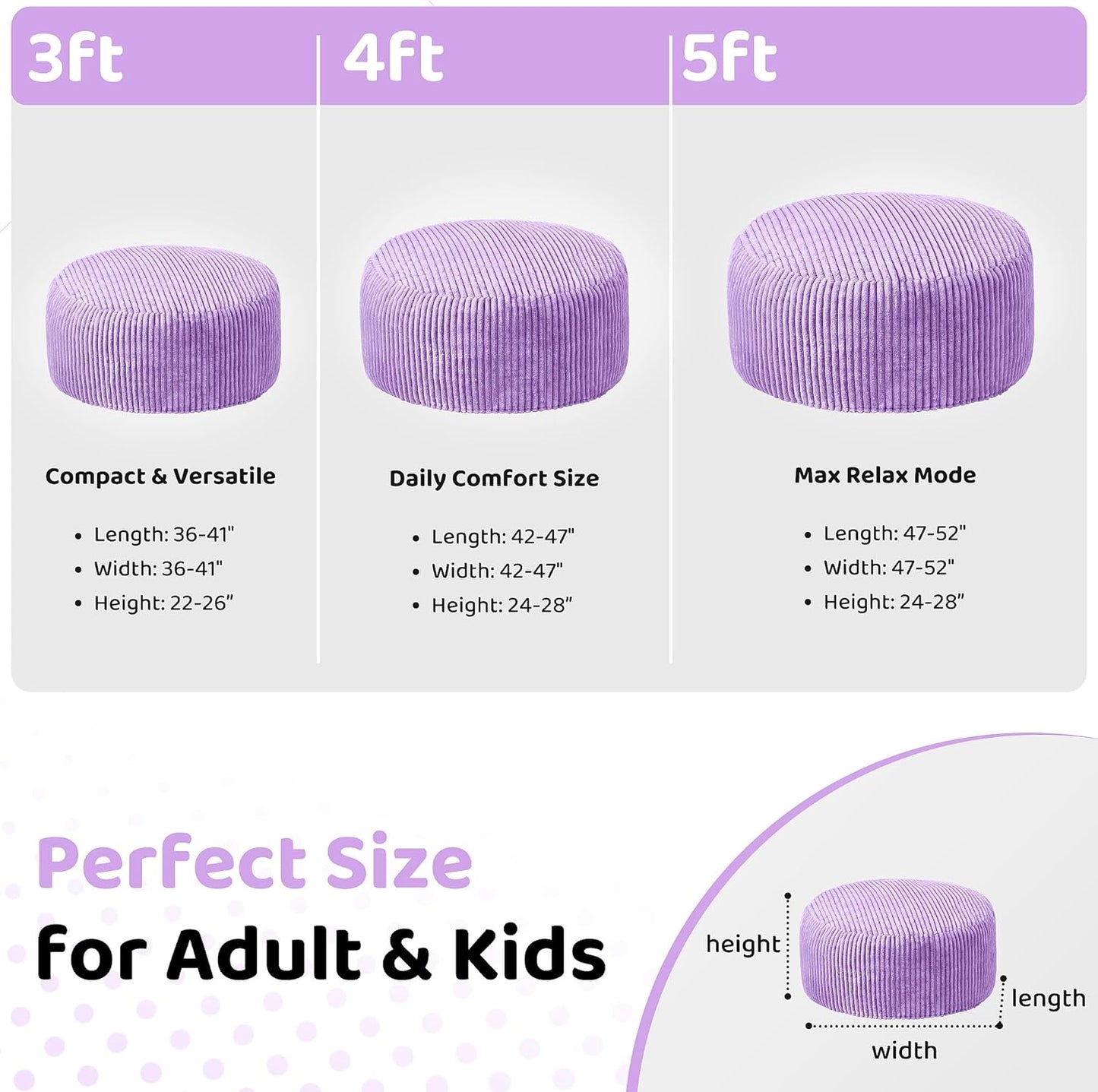 HABUTWAY 4FT Bean Bag Chair, 4' Large Bean Bag Chairs for Adults with Removable Stripe Plush Cover, Memory Foam Beanbag Chair for Living Room Bedroom Dorm (Purple)