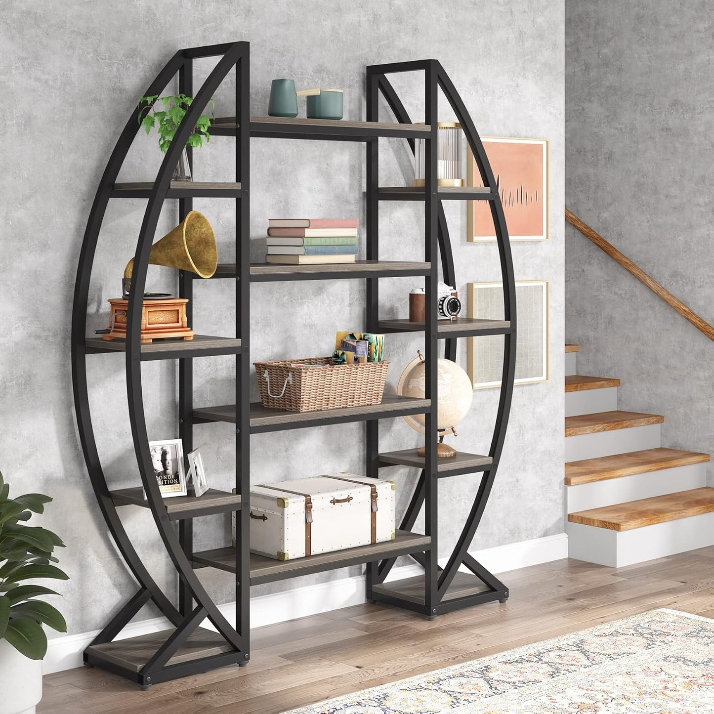 Tribesigns Oval Bookshelf, Triple Wide 5 Tier Etagere Bookcases, Industrial Display Shelves for Living Room (Gray, 55")