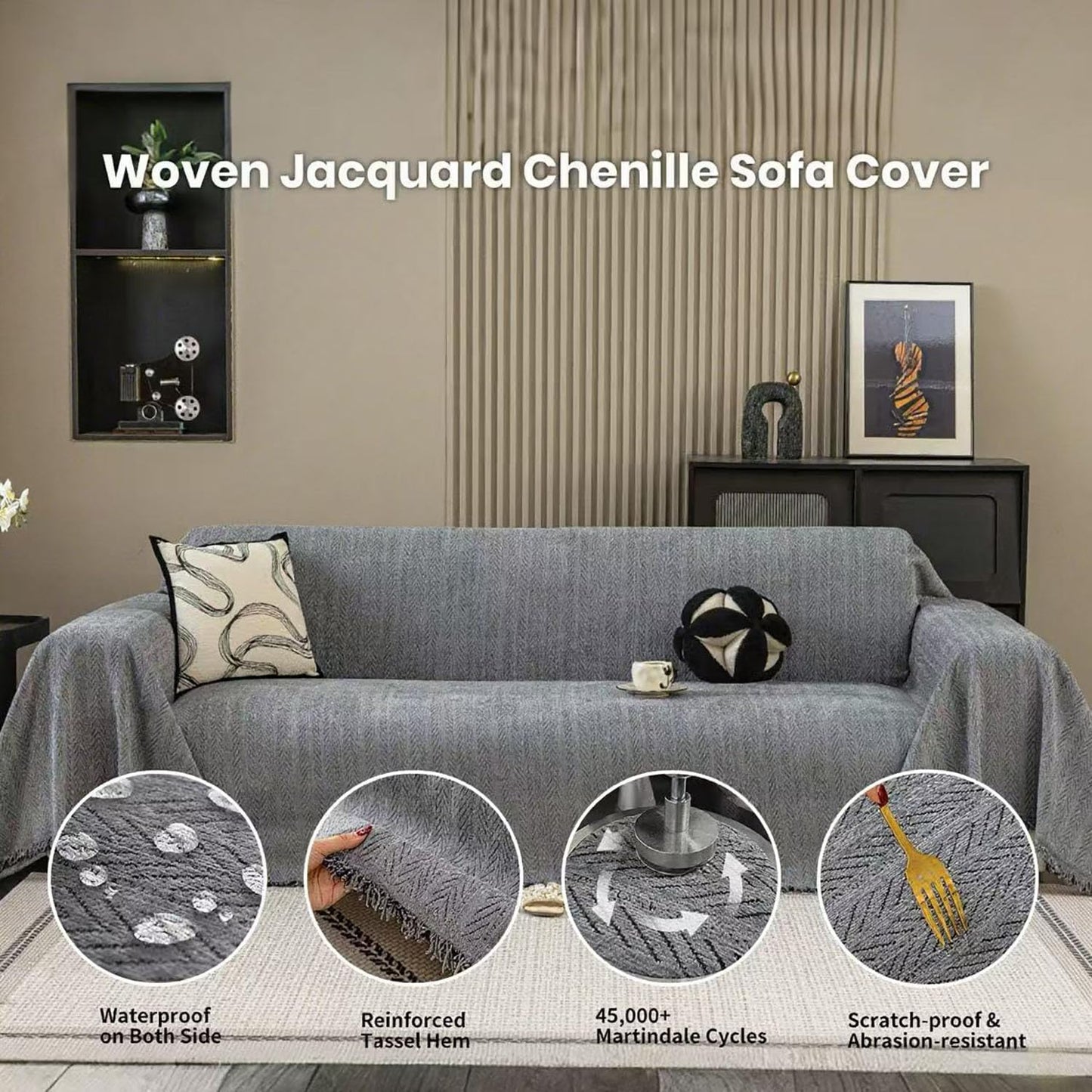 Nobildonna Sofa Cover Washable Soft Thicken Chenille Couch Cover with Tassel,Waterproof Sofa Slipcover for 3-4 Cushion Couch,Sectional Sofa,L-Shaped Furniture Protector Pet-Friendly,Dark Gray 71x150