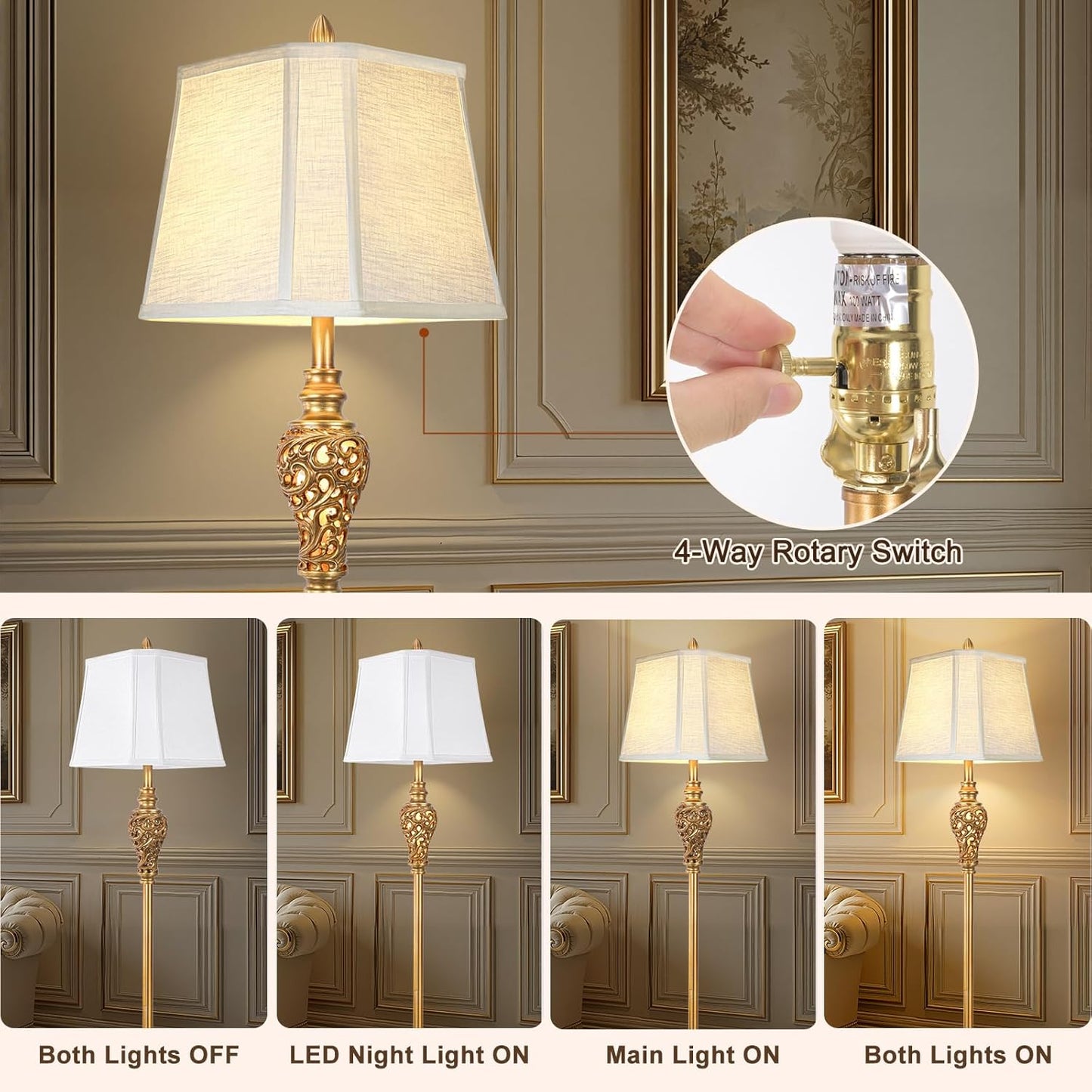 Vintage Farmhouse Floor Lamp with Nightlight, 65" Tall Standing Lamp with White Linen Fabric Shade, Antique Gold Finish, Elegant Reading Corner Light for Living Room, Bedroom, Office (Bulb Included)