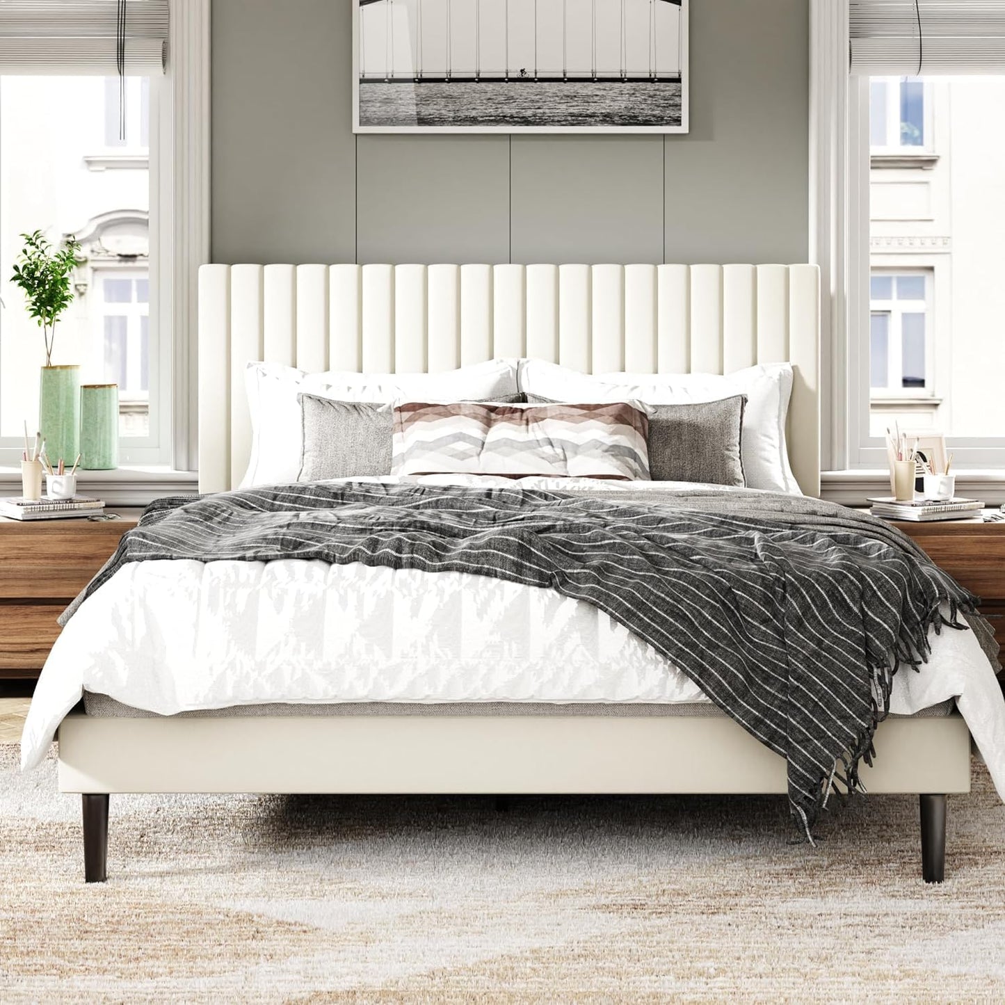 King Size Bed Frame with Velvet Upholstered Headboard, Platform Bed with Strong Wood Slats, Mattress Foundation, Box Spring Optional, Easy Assembly, Beige