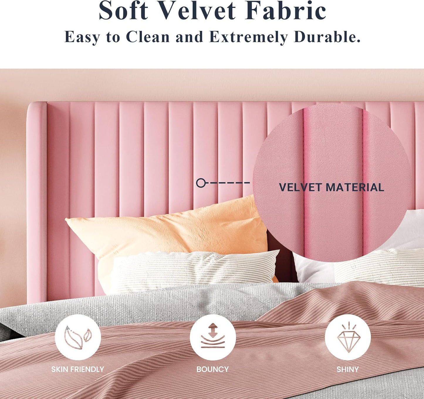 Allewie Full Size Velvet Bed Frame/Vertical Channel Tufted Wingback Headboard/Upholstered Platform Bed/Strong Wooden Slats/No Box Spring Needed/Easy Assembly/Pink