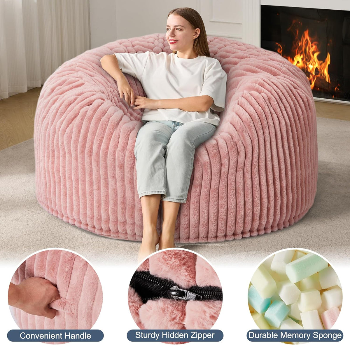 5ft Bean Bag Chairs for Adults Large Beanbag Chair with Stripe Plush Cover Big Bean Bag Chair for Living Room Bedroom Dorm Office