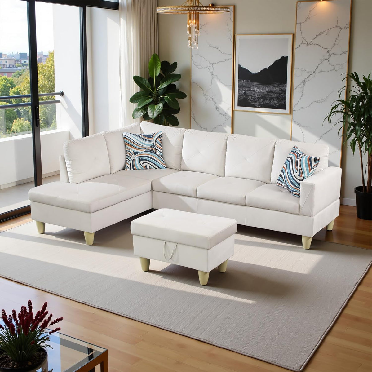 97" Oversized Sectional Couch, L Shaped Couch with Storage Ottoman, Modern Modular Sofa with Deep Seat, Sectional Couches for Living Room and Office, White (Flannel)