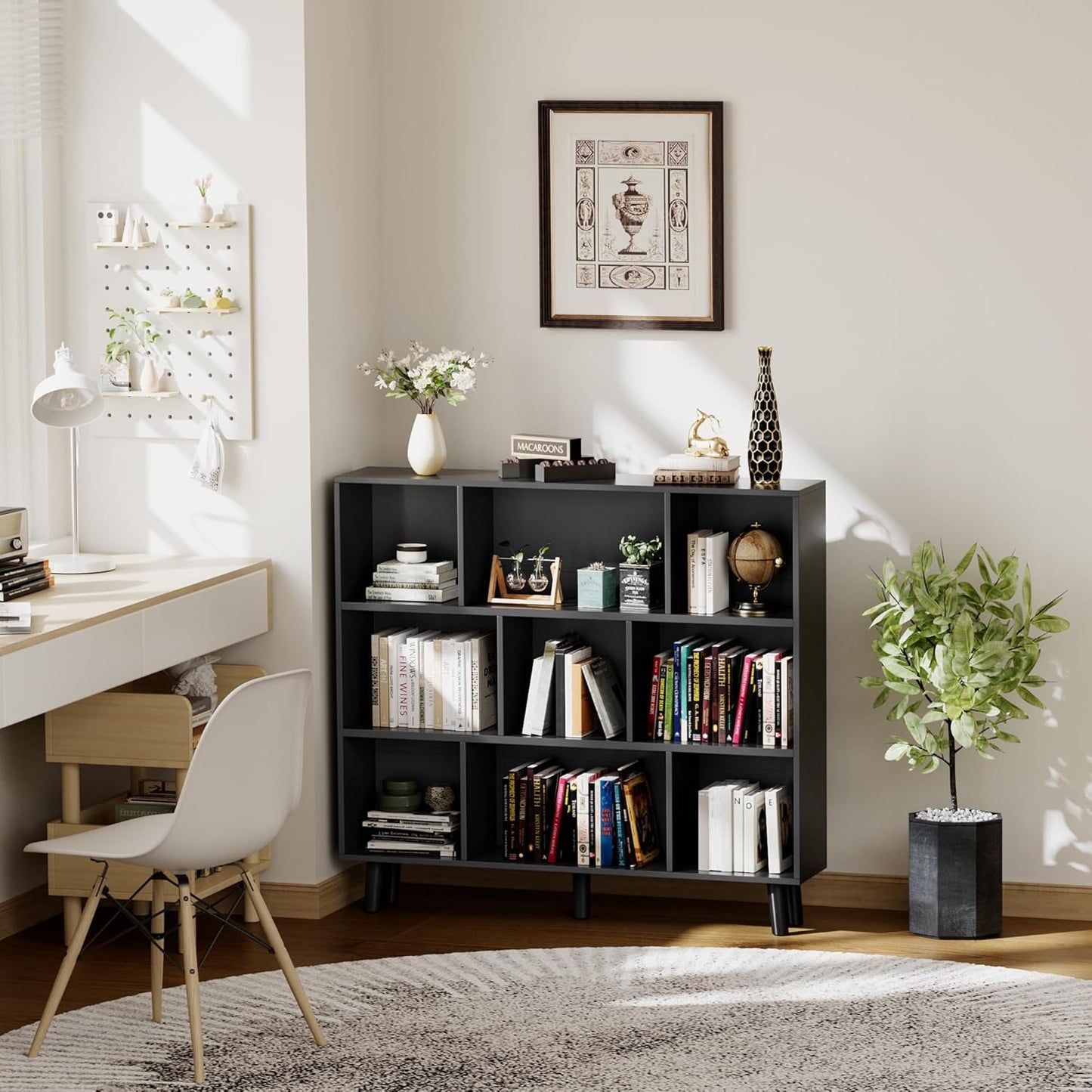 YESHOMY 9 Black Cube Bookcase, Open Frame 3-Tier Book Shelf, Bookshelf Storage Organizer with Feet & Anti-Tilt Device for Organization, Room Decor