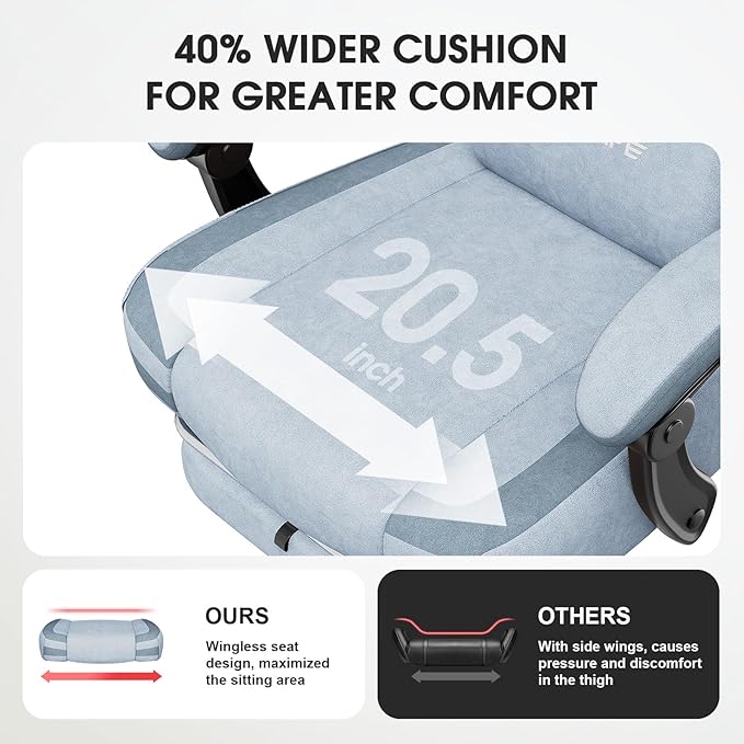 Gaming Chair, Fabric Computer Office Chair with Massage, Ergonomic Chair with Footrest Lumbar Support, Pocket Spring Widened Cushion Metal Legs 350LBS Blue