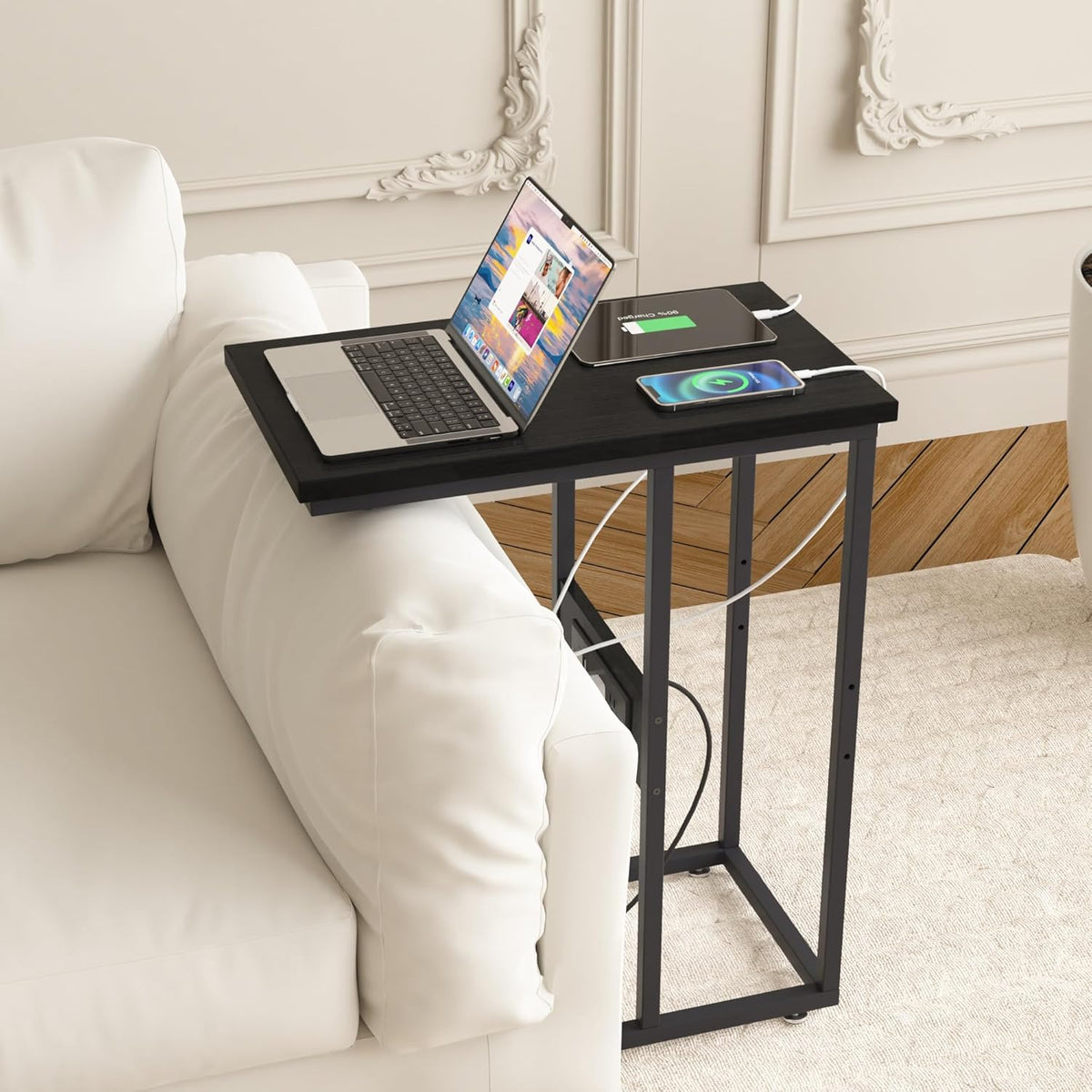 VECELO C Shaped End Side Table with Charging Station & Power Outlets for Couch Sofa/Bed, Snack TV Tray with Metal Frame for Living Room Bedroom 2 Set, Black