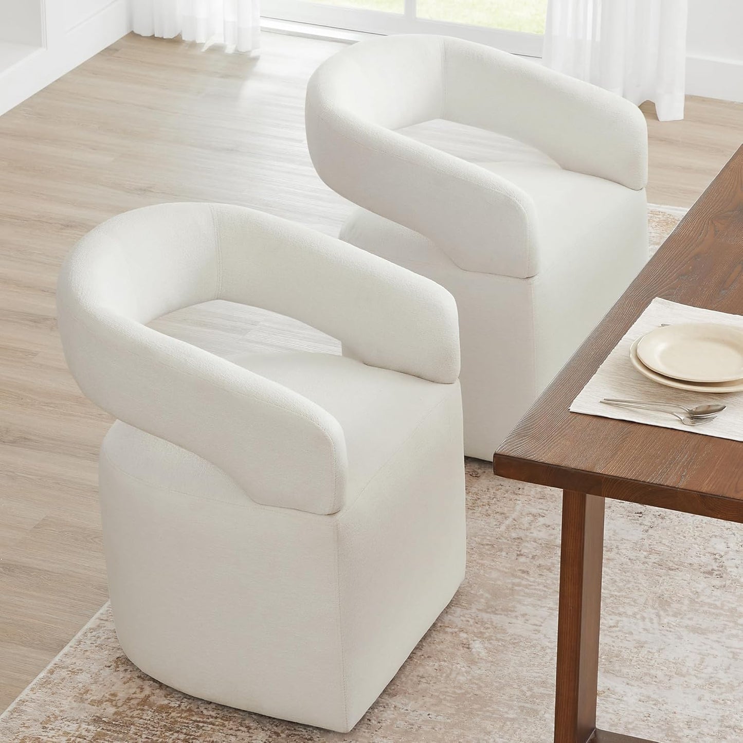 Upholstered Dining Chairs with Removable Casters Barrel Side Armchair with Rollers for Diningroom Bedroom Livingroom Reading Room, Ivory, 1PCS