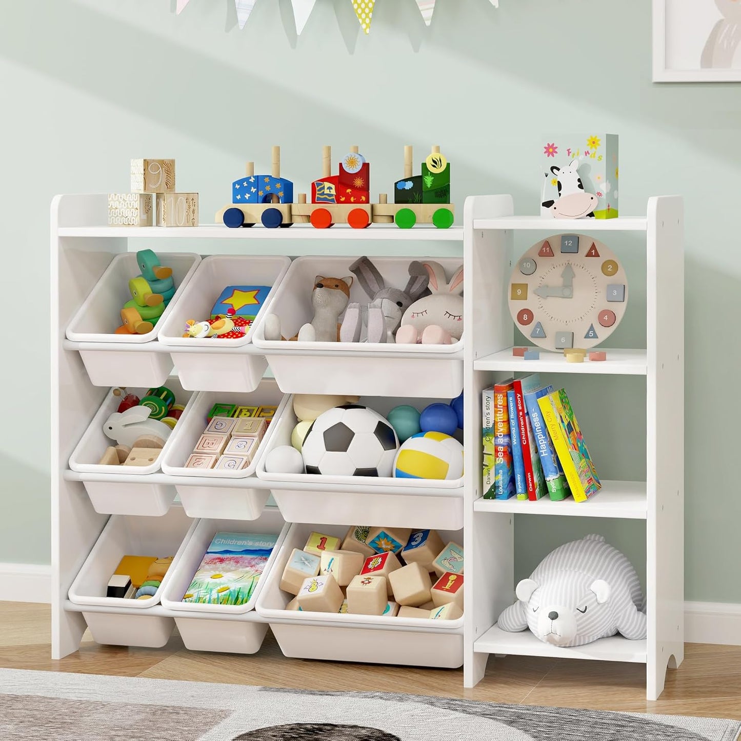 MallBest 4-Tier Kids' Toy Storage Organizer Shelf - 100% Solid Wood,Children's Storage Cabinet with 9 Plastic Bins and 3 Storage Ports(White-Single Color)