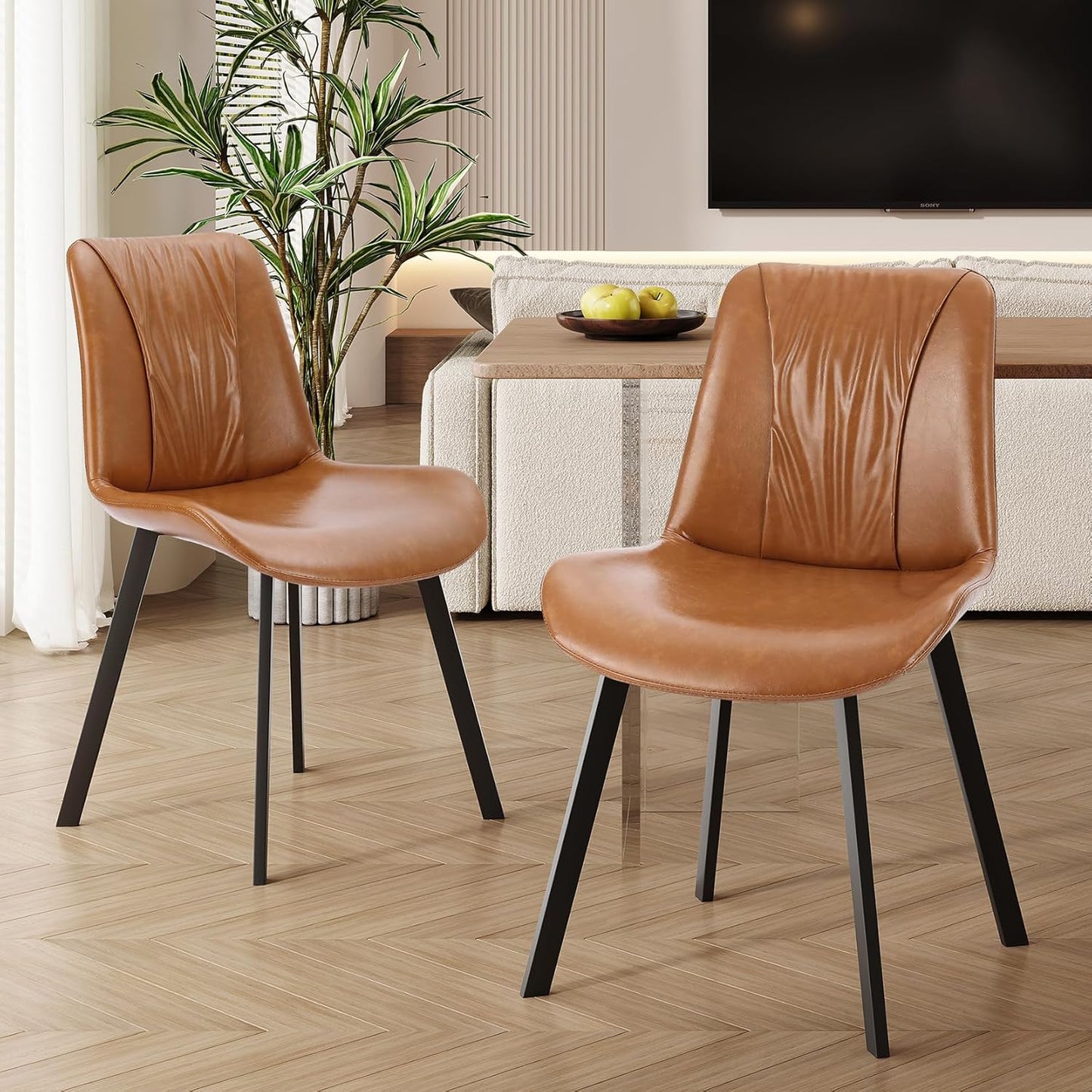 Upholstered Dining Chairs Set of 2, Modern Kitchen & Dining Room Chairs, Faux Leather, Sturdy Metal Legs, for Living Room, Cafe & Restaurant- Brown
