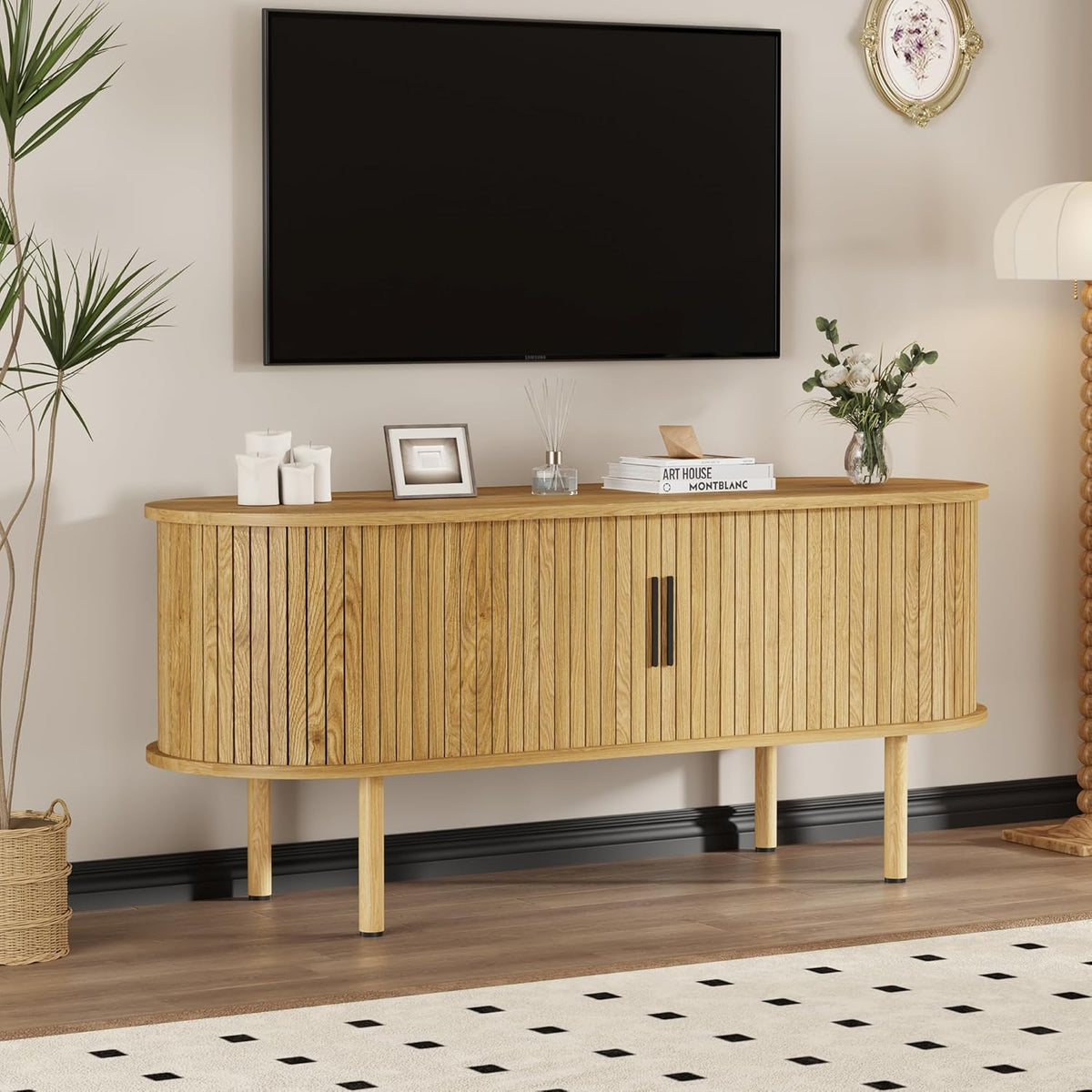 47.2" TV Stand, Modern TV Console Table with Storage Compartment and Sliding Door, Gaming Entertainment Center with Cabinet for Living Room, Bedroom, Office, Oak