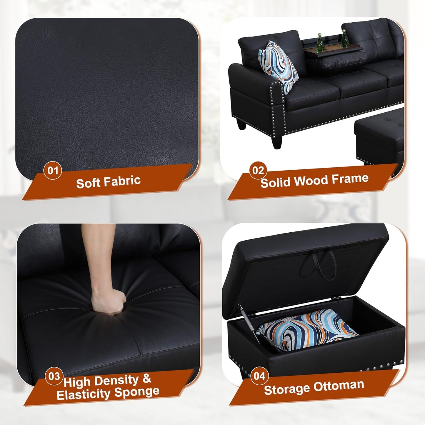 Osparple L Shaped Couch Faux Leather Sectional Couch Upholstered 3 Pieces Sofas for Living Room with Chaise, Ottoman with Storage for Office and Small Apartment, Graceful Black