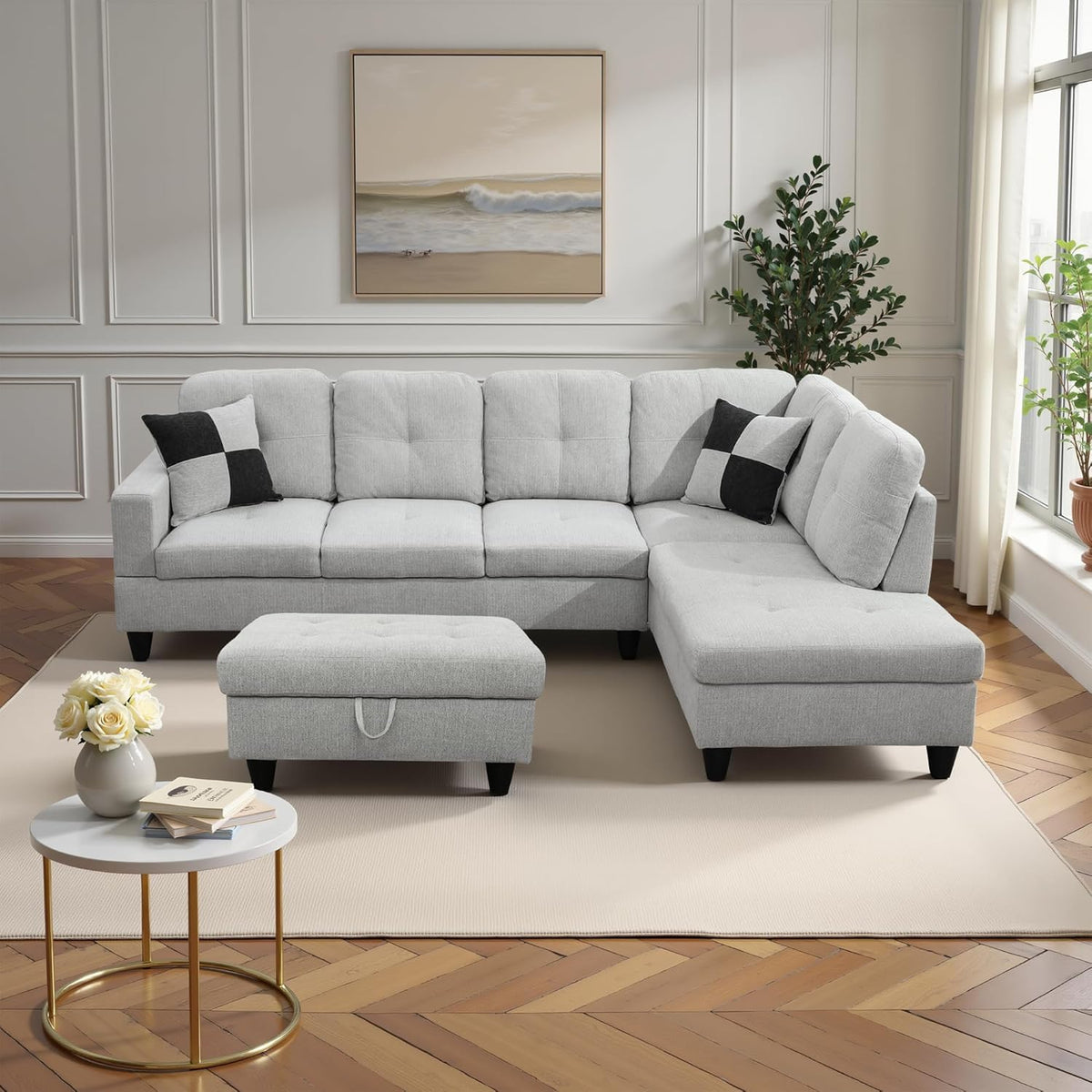 Couches for Living Room Modern L Shaped Couch Comfy Flannel Fabric 3 Pieces Sectional Sofa with Chaise, Ottoman with Storage for Office and Small Apartment, Light Grey