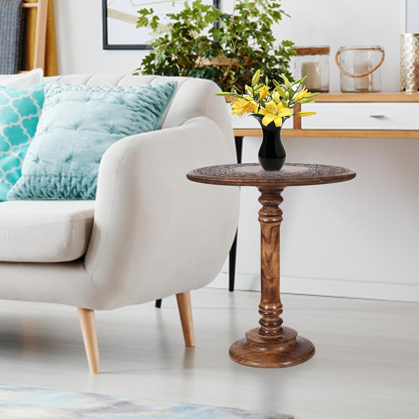 Lightnpro Hand-Carved Wooden Pillar Table - Rustic Accent Vintage Side End Table for Living Room, Entryway, Bedroom, Books, Plants, Lamps & Home Décor - Antique Burnt Finish, 18x22 Inch