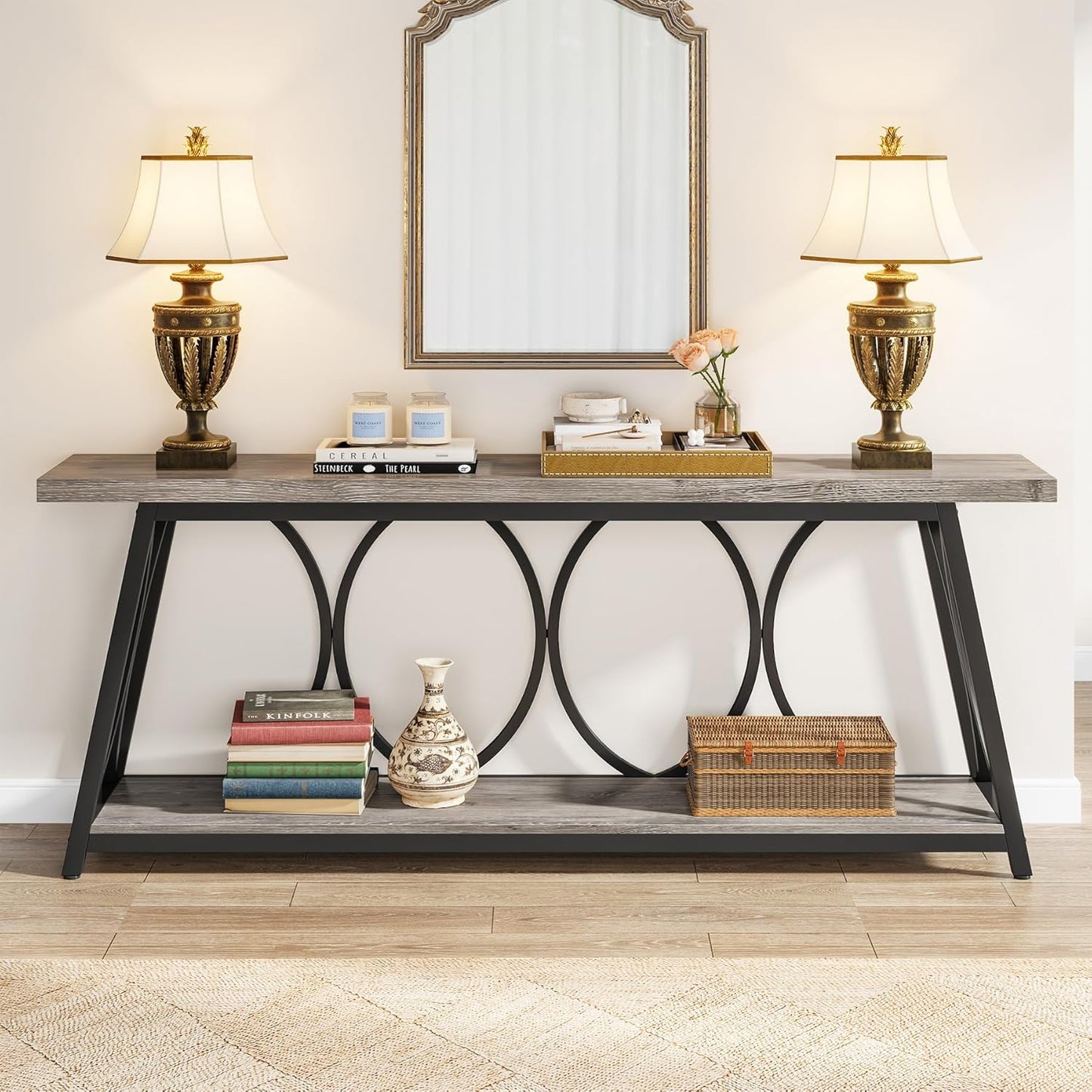 Tribesigns 70.9 inch Extra Long Console Table, Industrial Sofa Table Behind Couch with 2 Tier Storage Shelf, Narrow Entryway Hallway Accent Table for Living Room, Grey