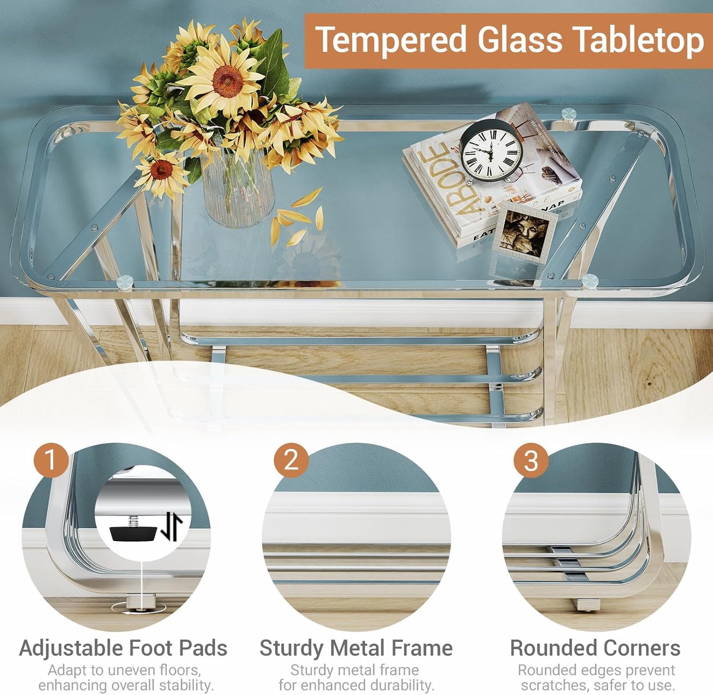 OIOG Glass Console Table for Entryway, Modern Entrance Table with Tempered Glass & Chrome Frame, Silver Sofa Table for Living Room Hallway