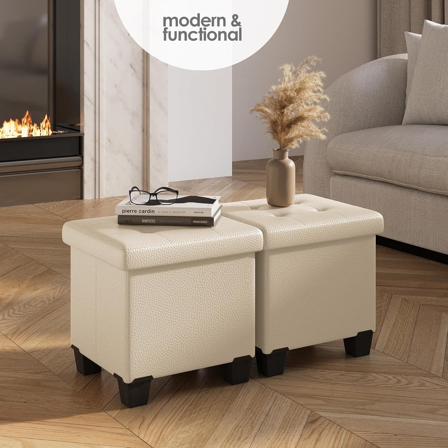STORAGEBUD Storage Ottoman Cube with Small Bin, 16-in Square Ottoman with Storage for Living Room and Bedroom, Small Ottomans Foot Rest, Faux Leather Foot Stools Ottomans Max 330lbs, Beige