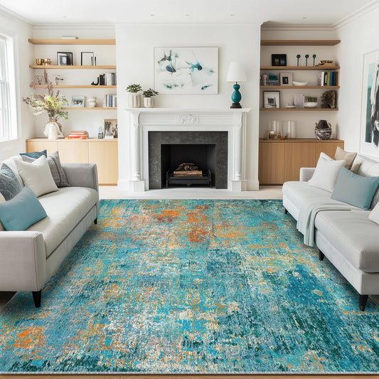 Washable Area Rugs 8'x10' Non-Slip Modern Abstract Soft for Living Room Entryway Bedroom Nursery, Print Pattern, Teal Blue Green Orange Rust Red Colorful