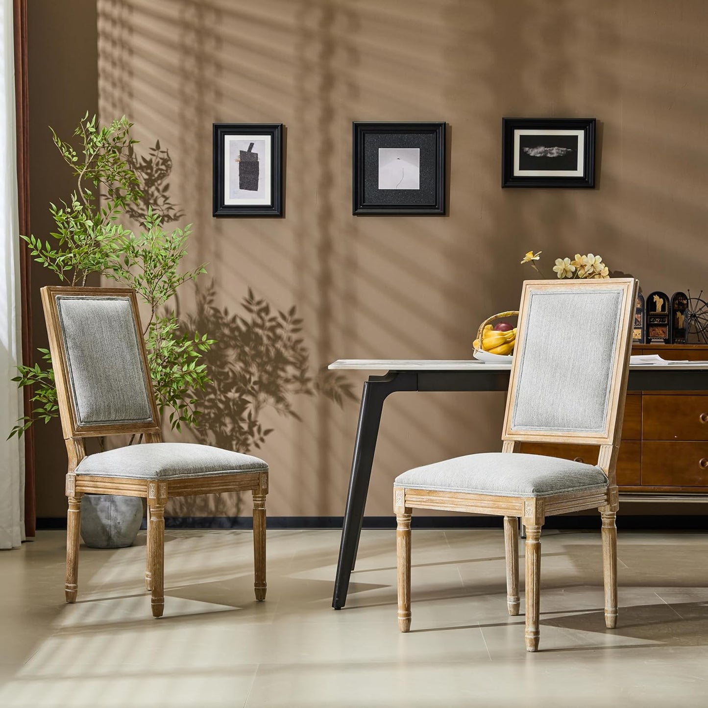 Christopher Knight Home Regina French Country Dining Chairs Set of 2, Wooden Dining Room Chair, High Back Kitchen Side Chair, Fabric Upholstered Armless Extra Seat, Grey and Natural