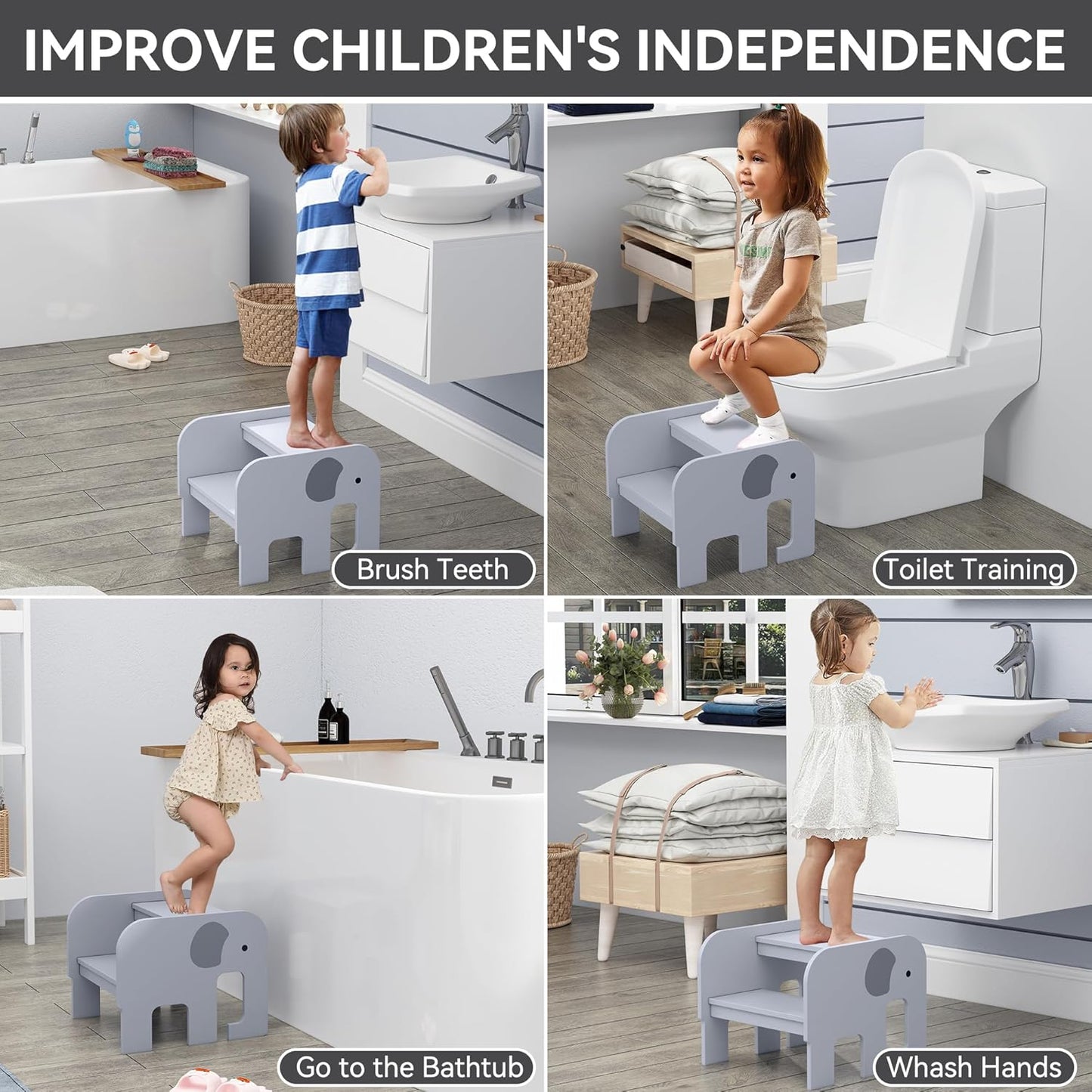 Wood Step Stools for Kids, Child Two Step Stool of Elephant Shape, Toddler Step Stools Potty Training Stool, Easy to Move Safety for Kitchen, Bathroom, Bedroom, Toilet