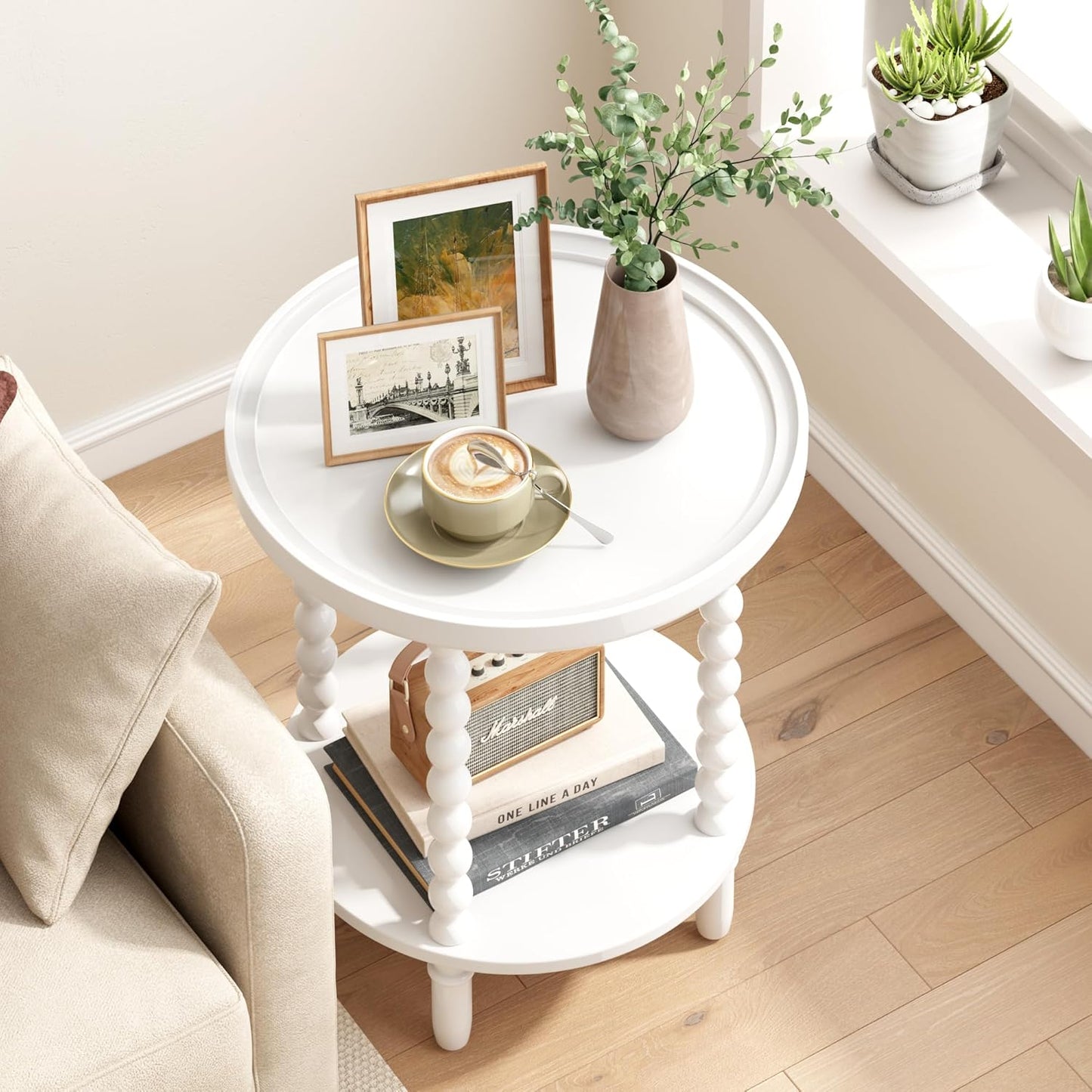 Gadroad Round End Table with Storage Shelf, 2 Tier Couch Side Table, Wood Coffee Table for Living Room, Bedroom, White 19.3 * 19.3 * 25.6 inches