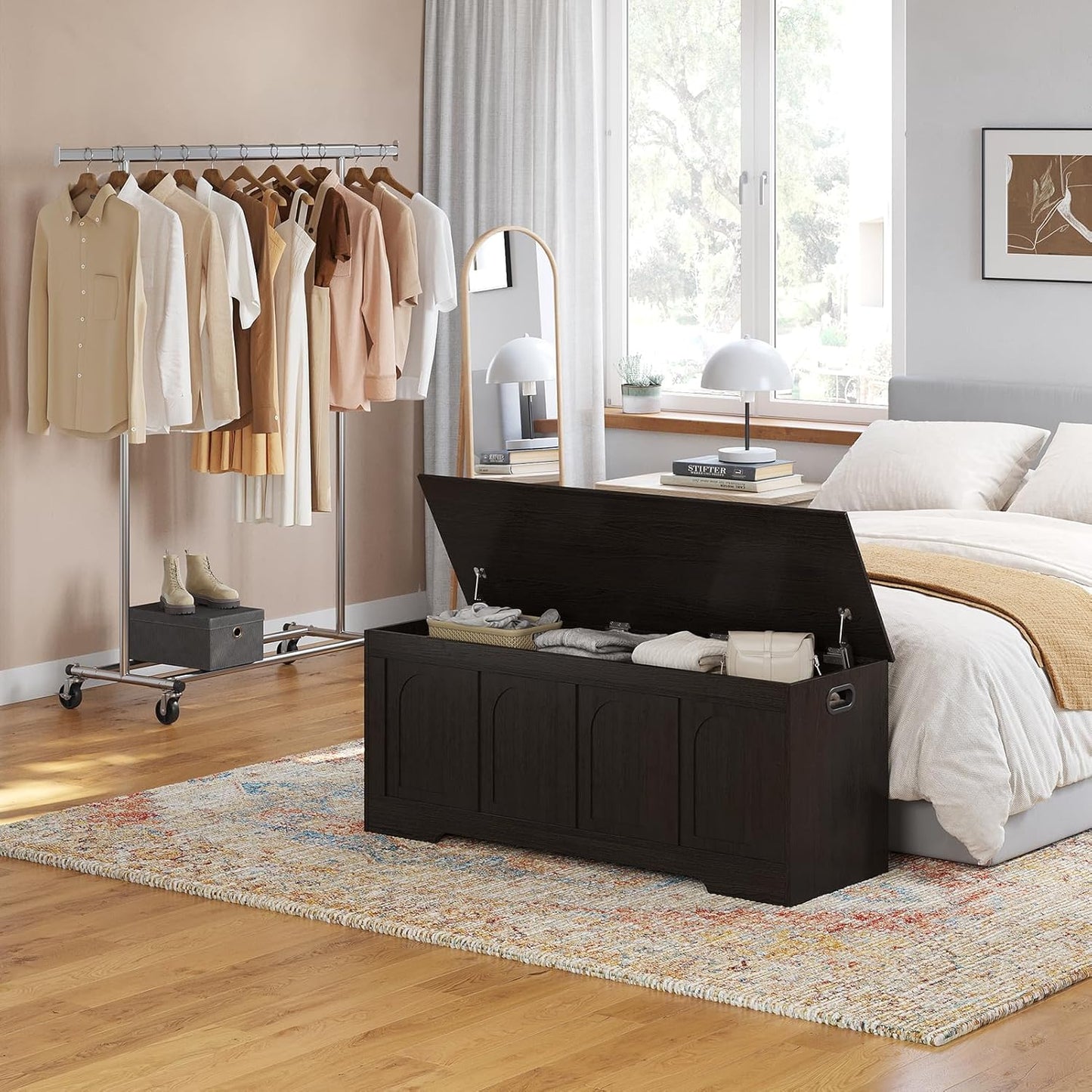 DINZI LVJ Storage Chest, 47.2”Wooden Storage Box with 2 Safety Hinges, Entryway Shoe Bench with Flip-Top, Large Trunk for Living Room, Bedroom, Easy Assembly, Espresso