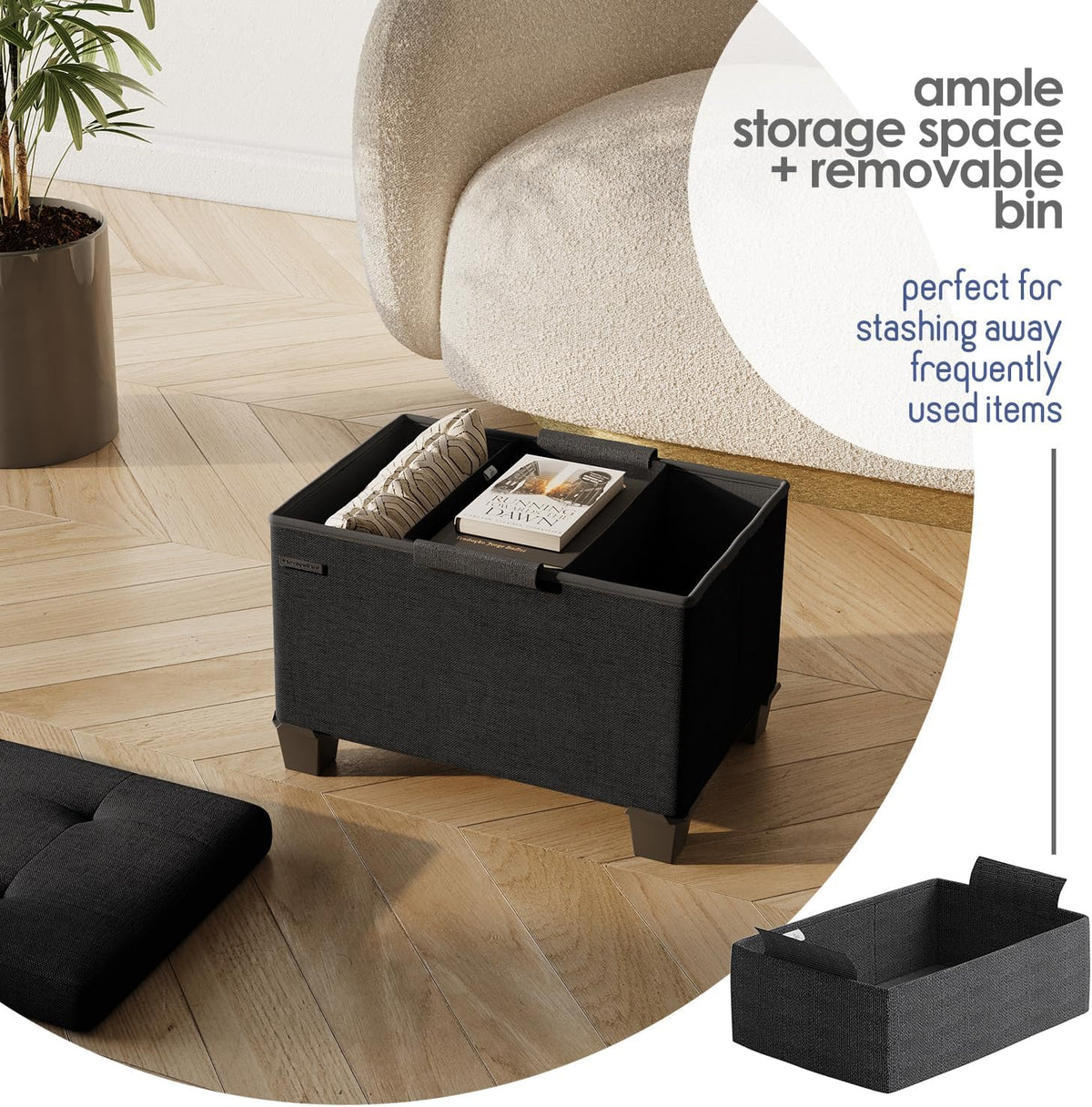 STORAGEBUD Storage Ottoman Cube with Small Bin, 16-in Square Ottoman with Storage for Living Room and Bedroom, Small Ottomans Foot Rest, Fabric Foot Stools Ottomans Max 330lbs, Black