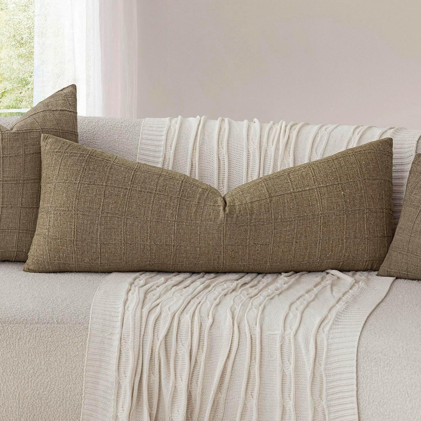 Foindtower Set of 2 Decorative Linen Check Throw Pillow Covers Neutral Long Body Lumbar Cushion Covers Farmhouse Vintage Boho Home Decor For Sofa Chair Couch Bedroom Living Room,14×36 Inch,Light Brown