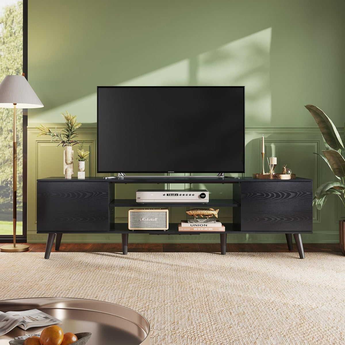 WLIVE TV Stand for 65 70 inch TV, Entertainment Center with Storage Cabinets, Rustic TV Console for Living Room Decor, Black