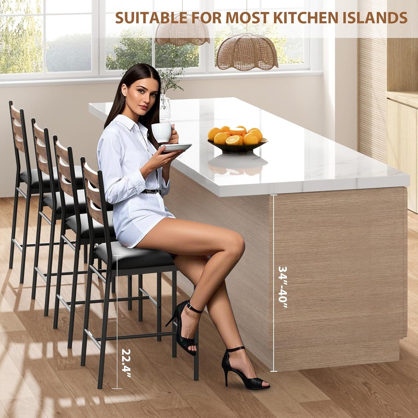 GarveeHome Bar Stools Set of 2, Wooden Barstools, Faux Leather Upholstered Bar Chair with Back & Footrest & Thick Cushion, Counter Height Bar Stools for Kitchen Island Apartment, Brown