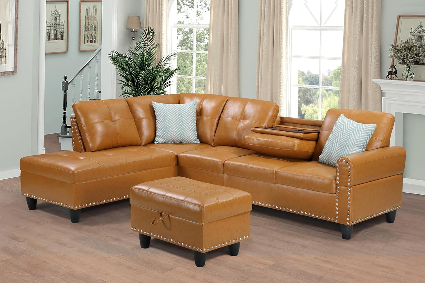 Ball & Cast 98" L Shaped Sectional Couch for Living Room with Chaise&Storage Ottoman,4 Seat Faux Leather Upholstered Modular Sectional Sofa Set 3 PCS W/Cup Holders&Coffee Table,for Home,Office,Ginger