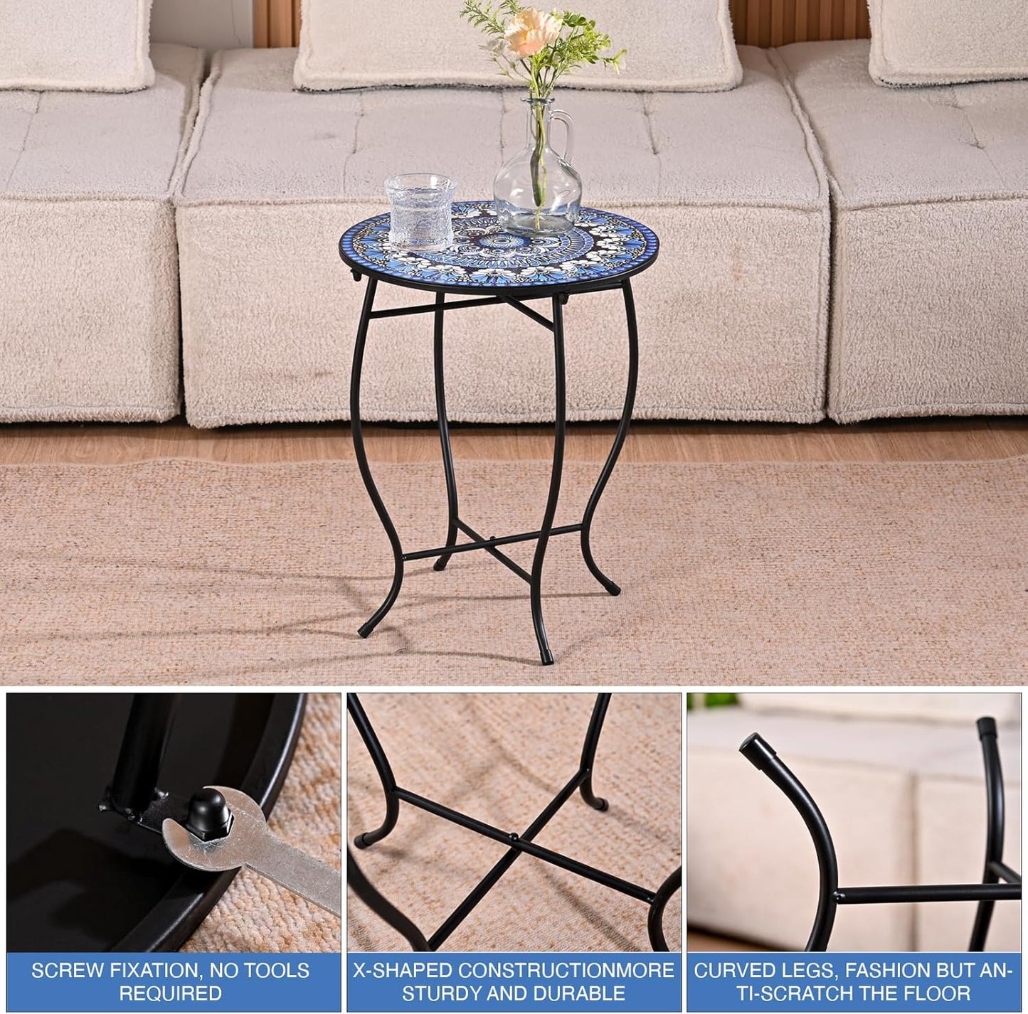 Metal Outdoor Side Table,14" Diameter Round Plant Stand for Flower Pots Vase Home Decor, Weather Resistant Patio Accent Table Plant Stand for Indoor Outdoor Use, Easy Assemble