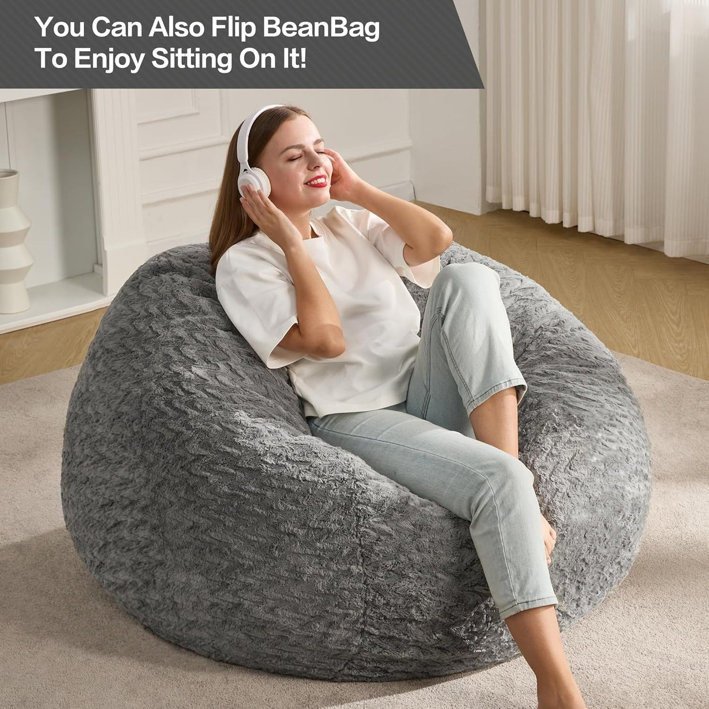 Hobestluk 4ft Bean Bag Chairs for Adults Large Beanbag Chair with Chevron Plush Fur Cover Big Bean Bag Chair for Living Room Bedroom Dorm Office - Grey (44” x 44” x 24”)