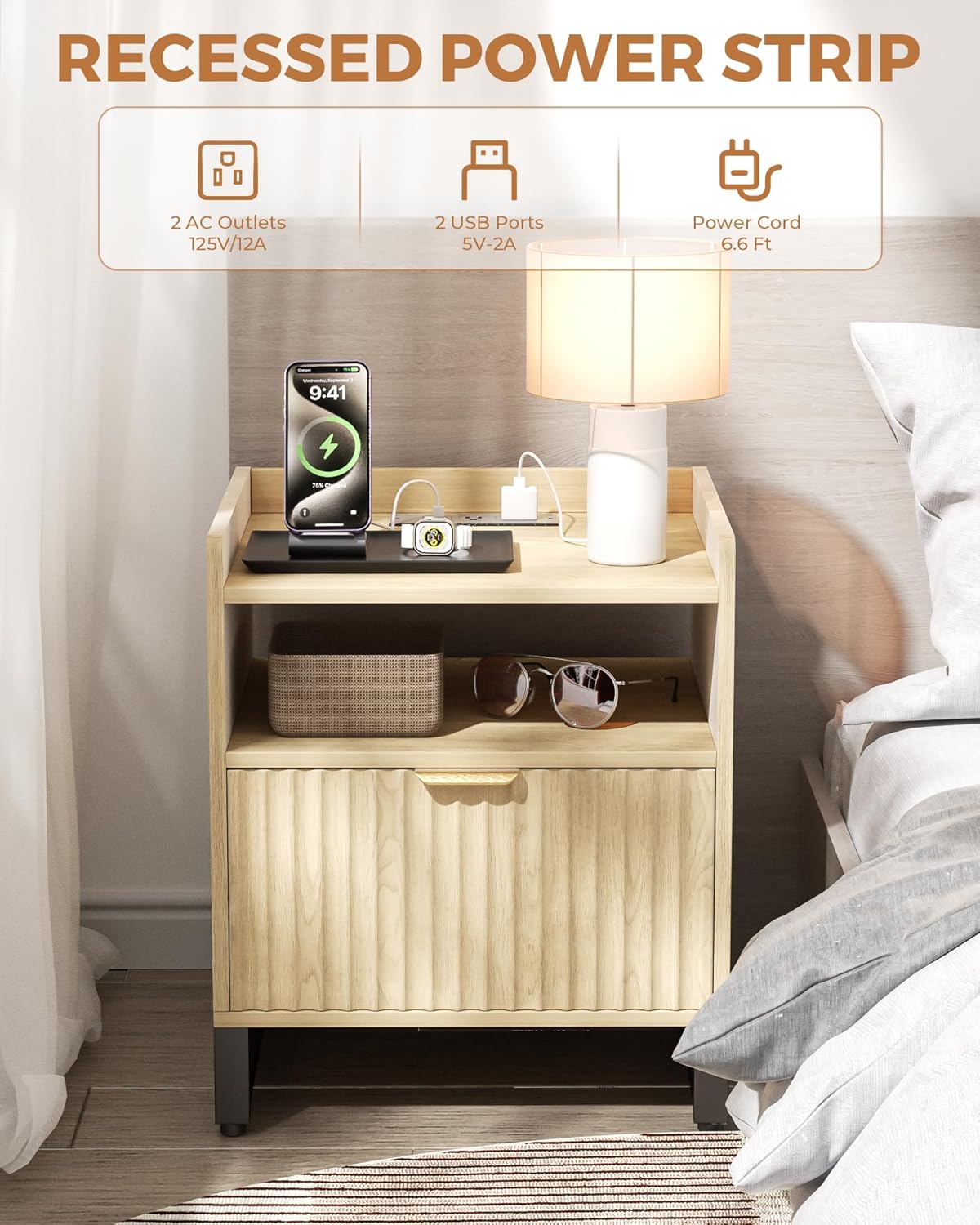 Fluted Night Stand Set 2 with Charging Station, Wood Nightstand with Large Drawer and Open Storage Cabinet, Mid-Century Modern Bedside Table End Table for Bedroom Closet Office