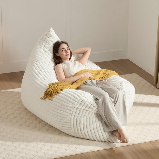 3-in-1 Giant Bean Bag Chair for Adults & Kid, Convertible Floor Sofa to Mattress, High-Density Foam Chair Bed with Washable Cover, Multi Functional Lounge Couch for Bedroom, Living Room (Beige)