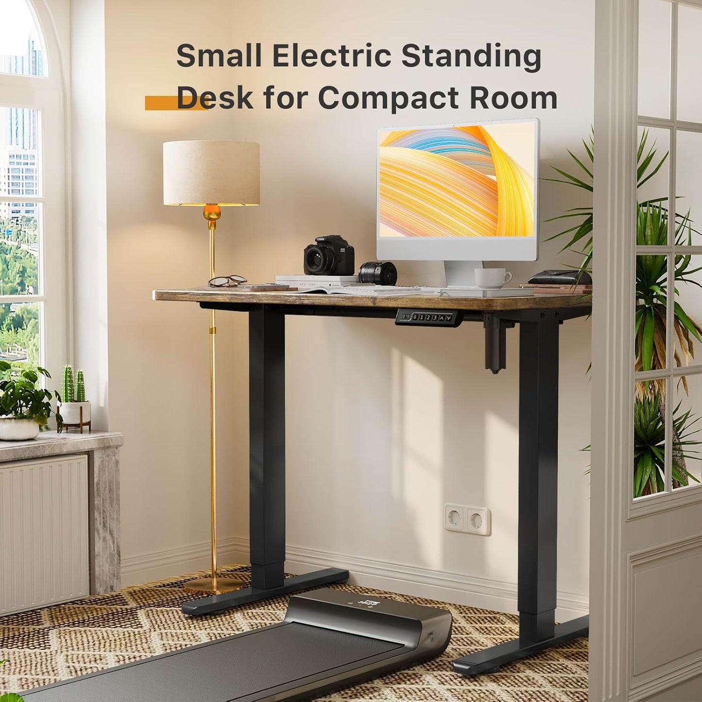 JOY worker Small Electric Standing Desk, 35" x 20" Whole Piece Height Adjustable Desk with Memory Controller, Grey Sit to Stand Desk Workstation for Home Office, Rustic