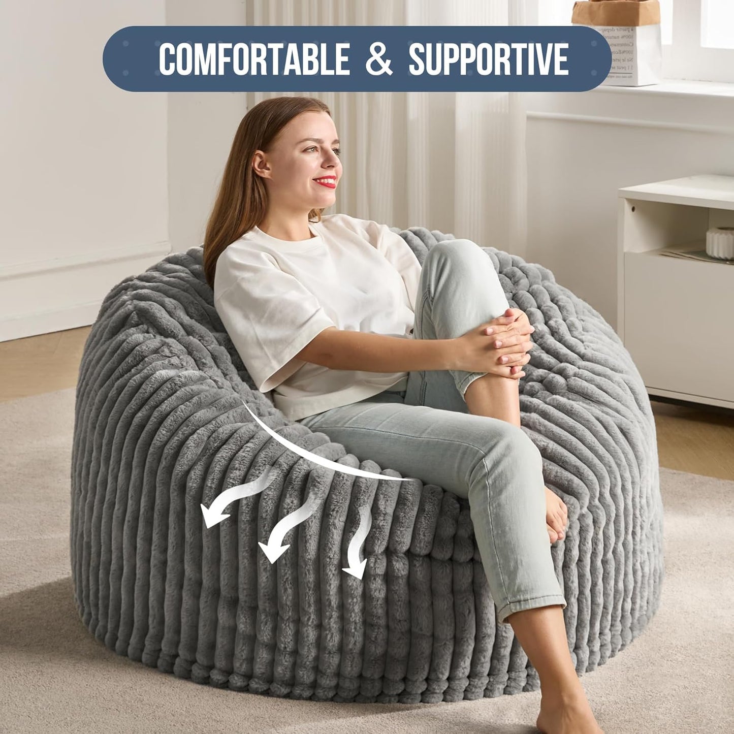 Hobestluk 4ft Bean Bag Chairs for Adults Large Beanbag Chair with Dutch Corded Plush Cover Big Bean Bag Chair for Living Room Bedroom Dorm Office - Grey (44" x 44" x 24")