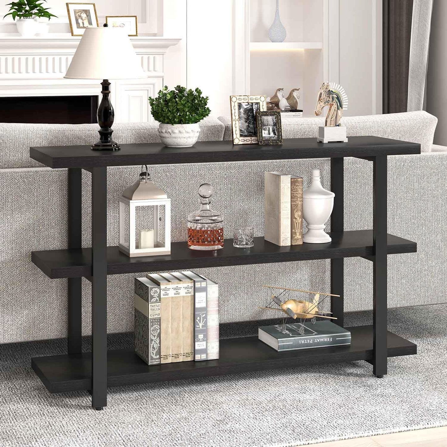 FOLUBAN Black Entryway Table, Modern Console Tables with 3 Tier Storage Shelves for Living Room, Wood and Metal Sofa Table for Hallway, Entrance, or Behind Couch, 47 Inch