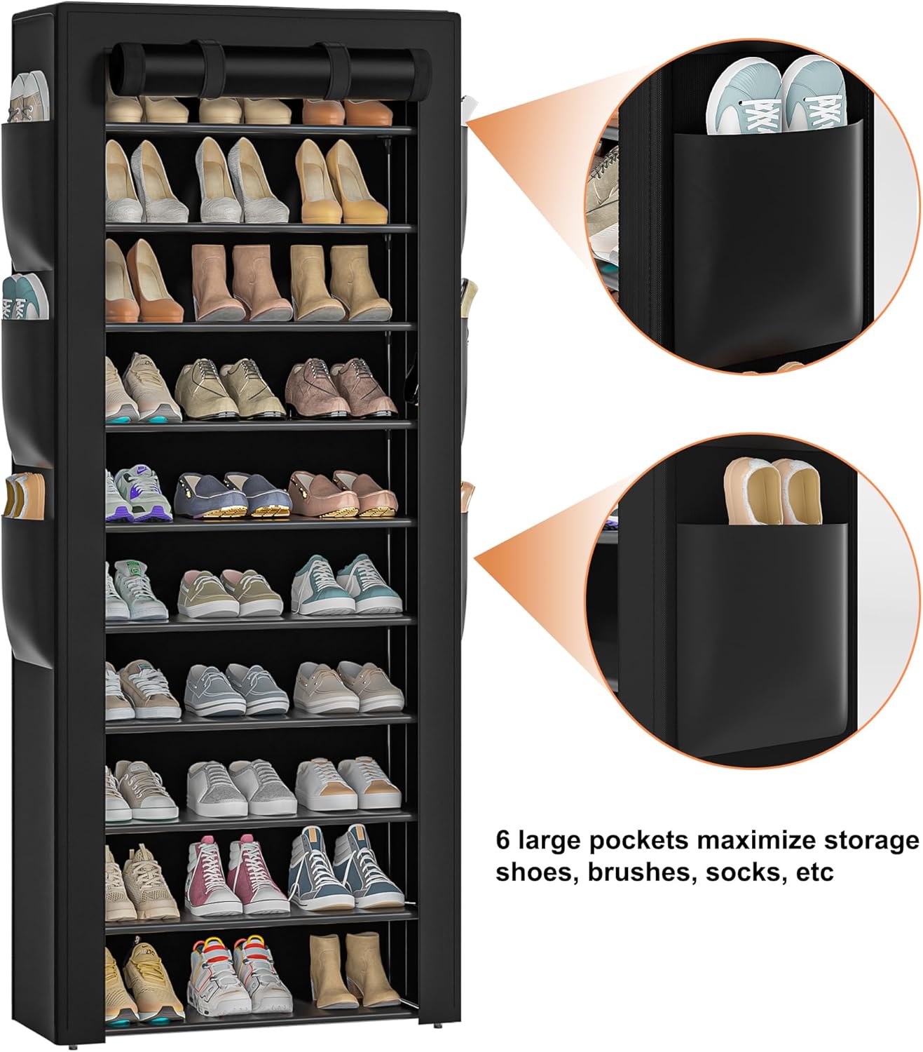 Large Shoe Rack, Black, 6 Side Pockets, 23.6" Wide x 11.4" Deep x 68.9" Tall, 36-41 Pairs of Shoes