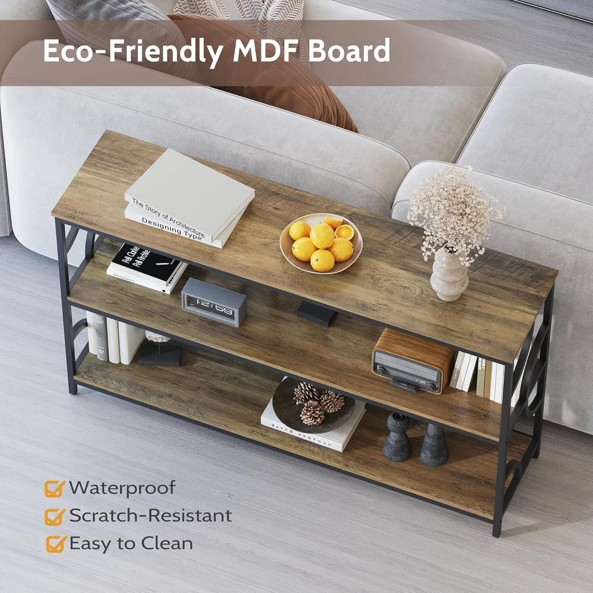 55'' Industrial Sofa Table, 3-Tier Storage Console Table with Unique Geometric Design, Behind Couch Accent Table for Entryway, Living Room, Foyer, Hallway, Office - Rustic Brown