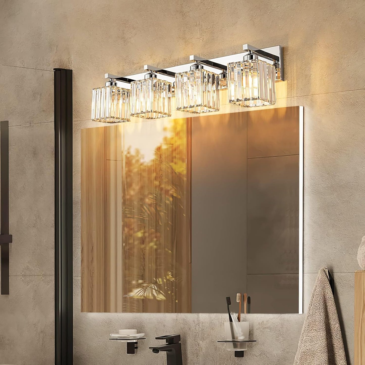 Modern 4-Light Chrome Crystal Bathroom Vanity Light Fixtures