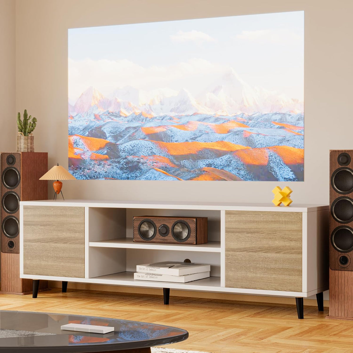 YESHOMY Modern TV Stand for 65" Television, Entertainment Center with Two Storage Cabinets and Open Shelves, Retro Style Media Console for Living Room, Bedroom, Office, 58 Inch, White and Beige