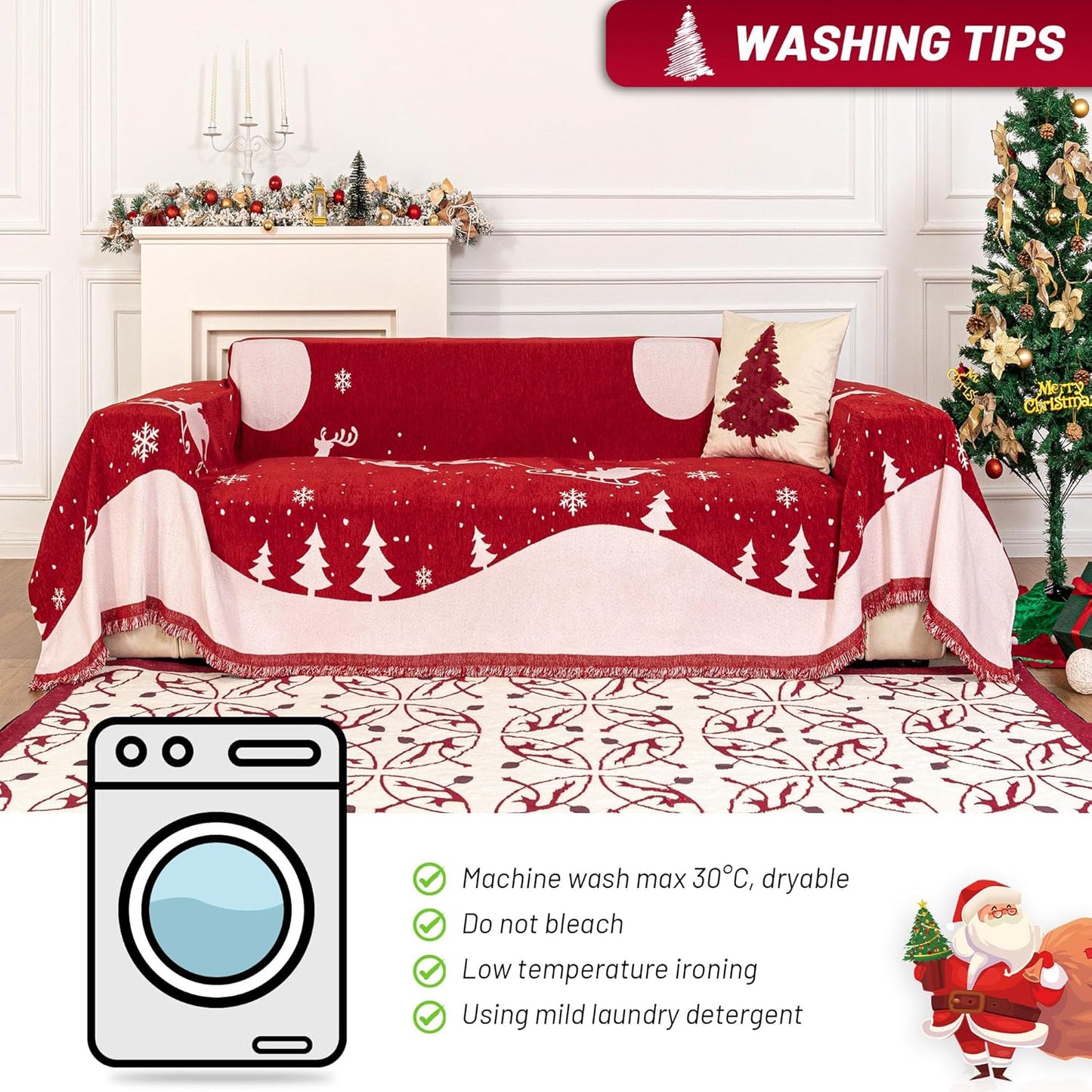 MYSKY HOME Christmas Chenille Sofa Slipcover Couch Covers for Sectional l Shaped Couch Pets Protector Furniture Covers Futon Cover Super Soft Washable Couch Covers for 2 Cushion, 71"x102", Red