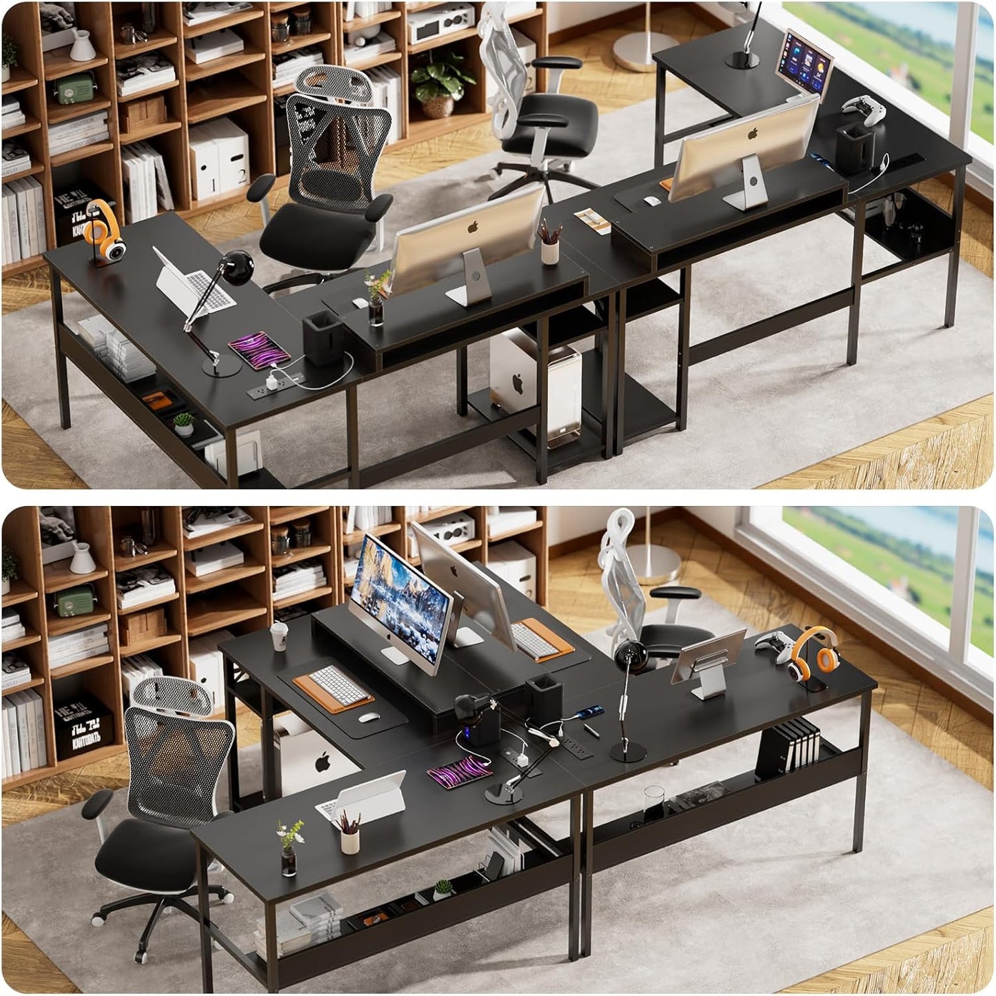 Unikito Reversible L Shaped Desk with Magic Power Outlets and Smart LED Light, Sturdy Corner Computer Desk with Monitor Stand & Storage Shelves, Gaming Table Home Office Desk, Easy Assembly, Black