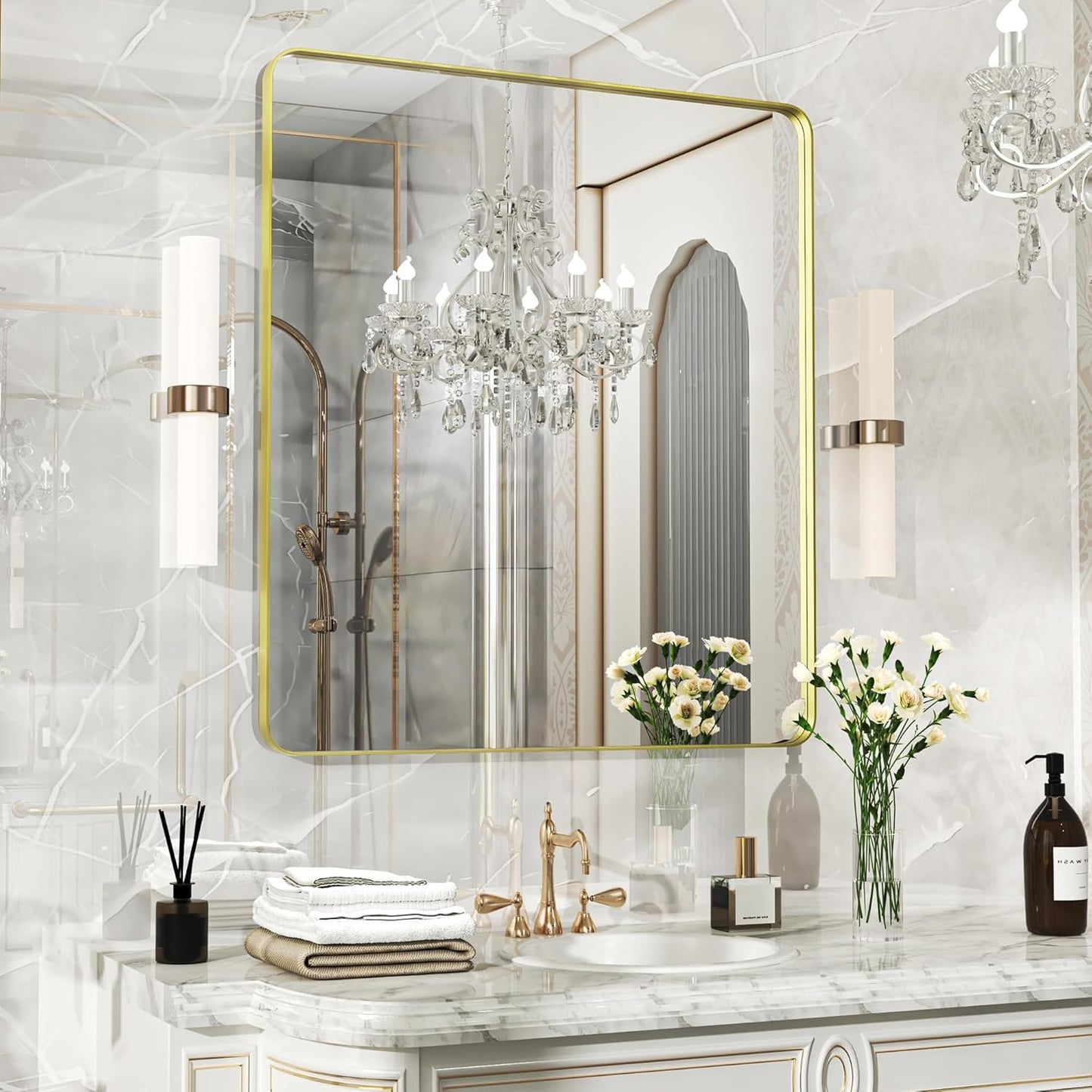 Fun Memories Wall Mirror for Bathroom,32x36 Inch Glod Bathroom Mirror, Rectangular Wall Mounted Decorativ, Rounded Corner, Aluminum Alloy Frame, Farmhouse, Hangs Horizontal or Vertical