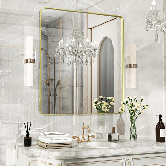Fun Memories Wall Mirror for Bathroom,32x36 Inch Glod Bathroom Mirror, Rectangular Wall Mounted Decorativ, Rounded Corner, Aluminum Alloy Frame, Farmhouse, Hangs Horizontal or Vertical