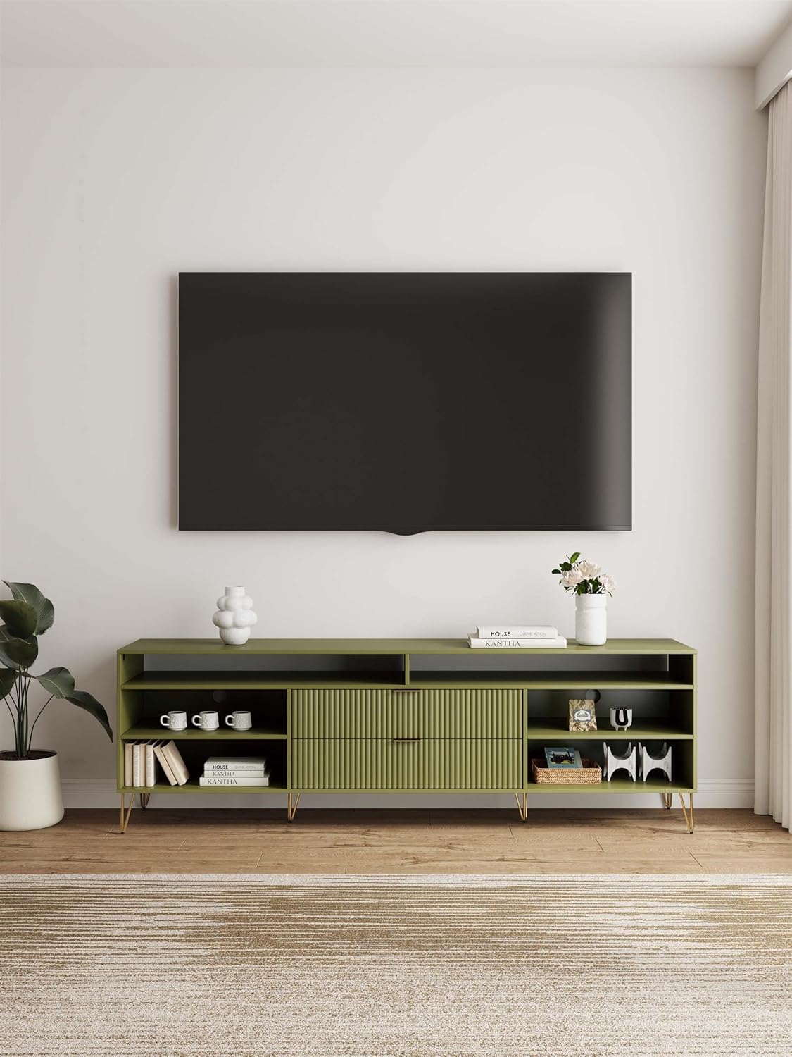 Manhattan Comfort Dumbo Mid Century Modern TV Stand for Televisions up to 80 Inches, Home Entertainment Center with Storage, 6 Shelves, 2 Drawers, No Tool Assembly, 85" Wide, Olive Green