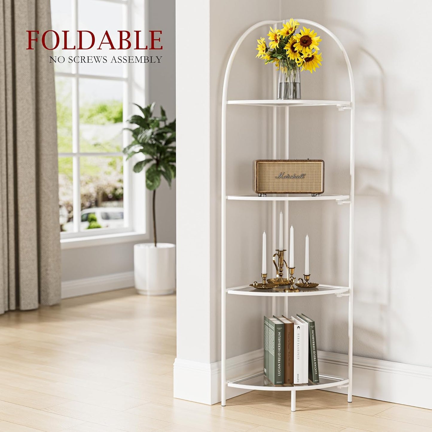 Crofy Foldable 4 Tier Corner Shelf, Metal Corner Plant Stand with White Frame and Transparent Shelves, Corner Display Rack Multipurpose Shelving Unit for Living Room, Bedroom, Bathroom